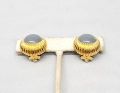 Vintage 1980s Signed Nina Ricci Paris Round Grey Rhinestone Clip Earrings