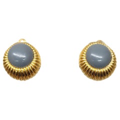 Vintage 1980s Signed Nina Ricci Paris Round Grey Rhinestone Clip Earrings