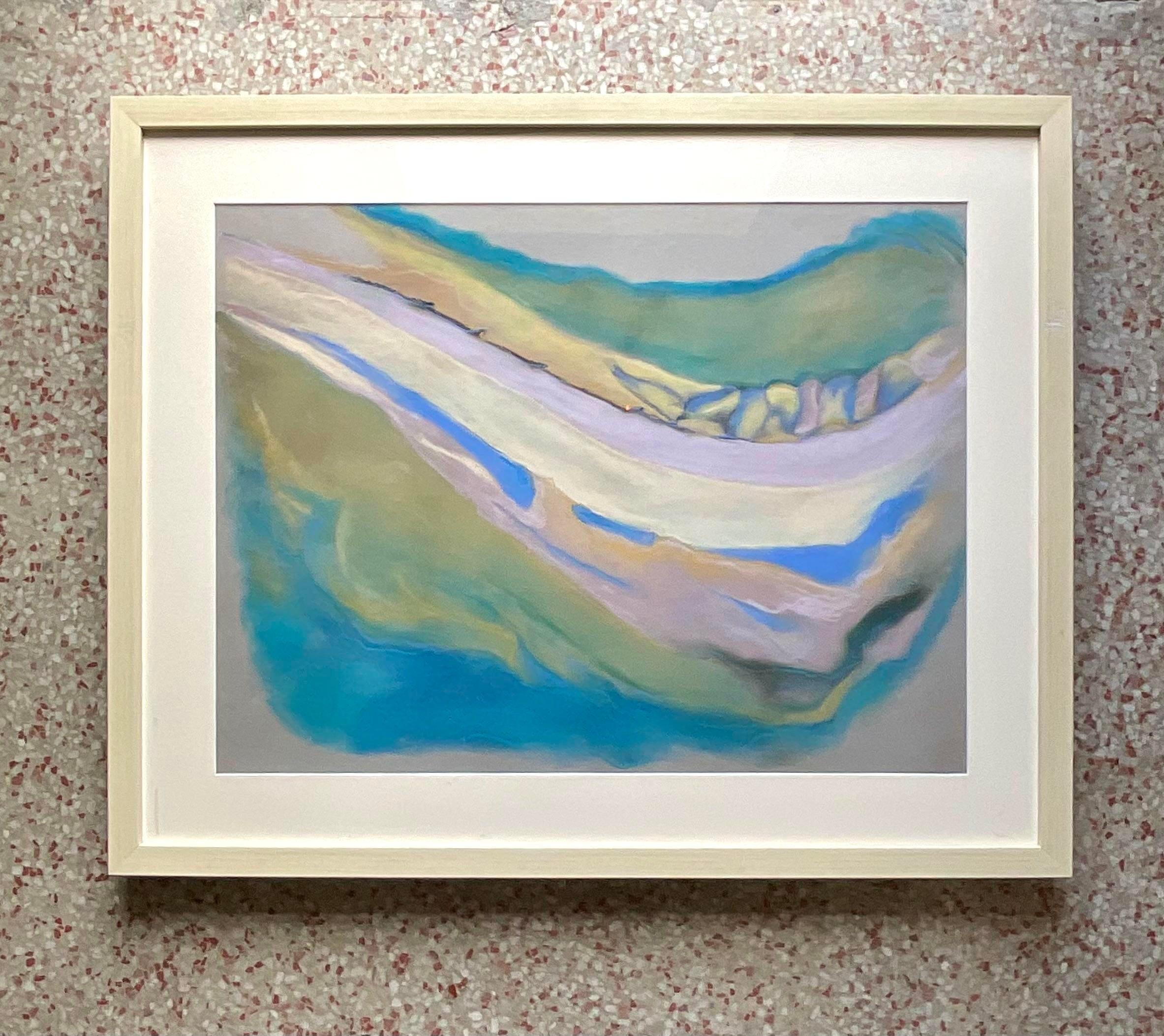 fabulous vintage 1980s original pastel painting on paper. A brilliant Abstract composition in soft muted colors. Signed by the artist. Acquired from a Palm Beach estate.