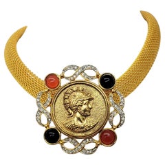 Vintage 1980s Signed Pierre Balmain Goldtone "Coin" Rhinestone Pendant Necklace