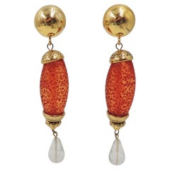 Vintage 1980s Signed Sharra Pagano Italy Red & Clear Lucite Drop Clip Earrings