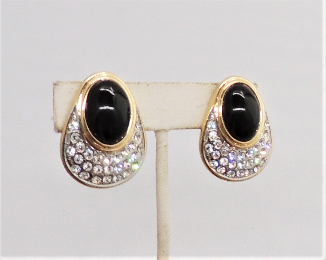 Vintage 1980s faux onyx cabochon gold plated earrings and pavé crystals. Marked 