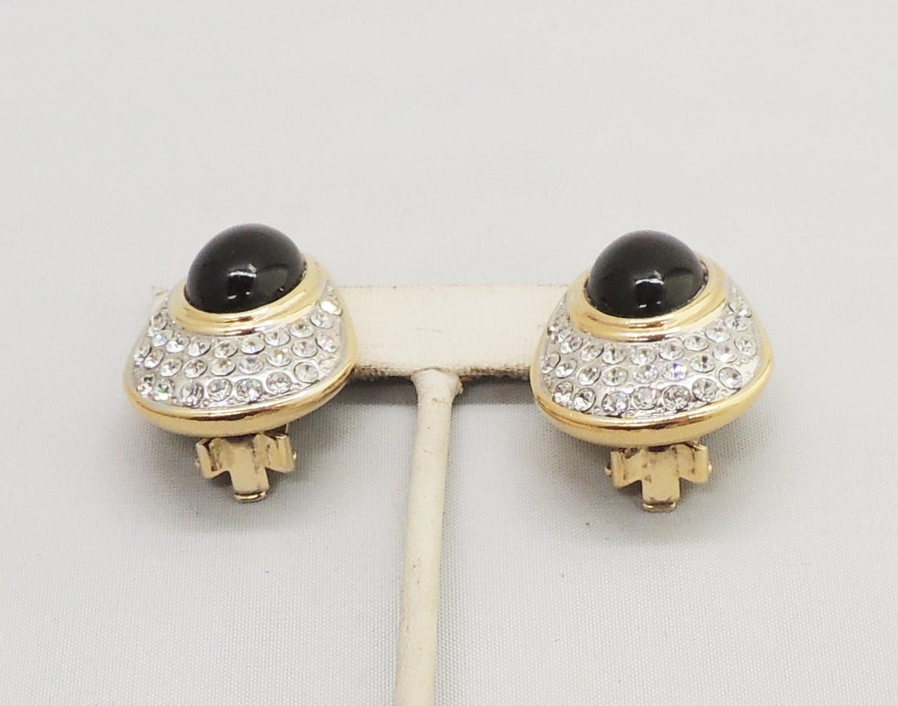 Women's Vintage 1980s Signed Valentino Cabochon Faux-Onyx Pave Rhinestone Clip Earrings