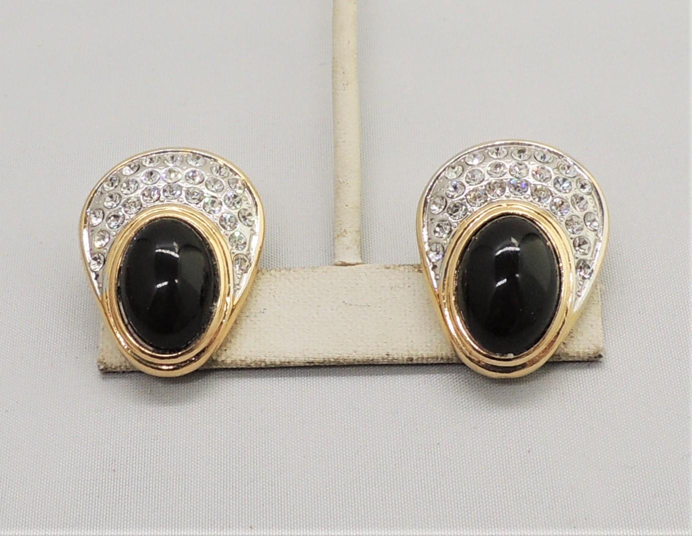 Vintage 1980s Signed Valentino Cabochon Faux-Onyx Pave Rhinestone Clip Earrings 1