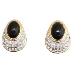 Vintage 1980s Signed Valentino Cabochon Faux-Onyx Pave Rhinestone Clip Earrings
