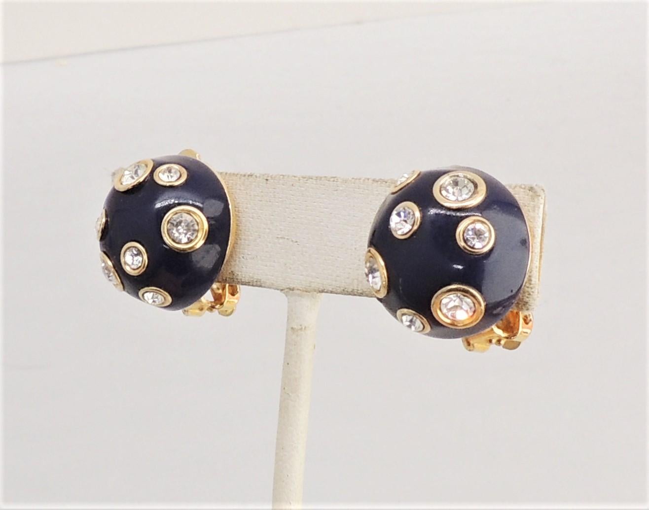 Vintage 1980s Signed Valentino Round Domed Navy Enamel Rhinestone Clip Earrings In Good Condition For Sale In Easton, PA