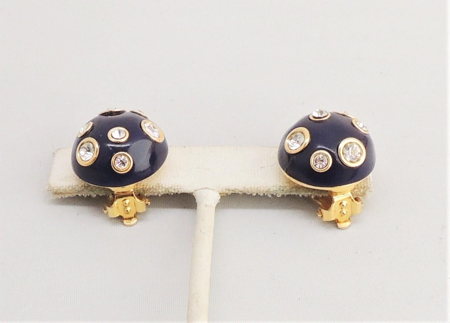 Women's Vintage 1980s Signed Valentino Round Domed Navy Enamel Rhinestone Clip Earrings For Sale
