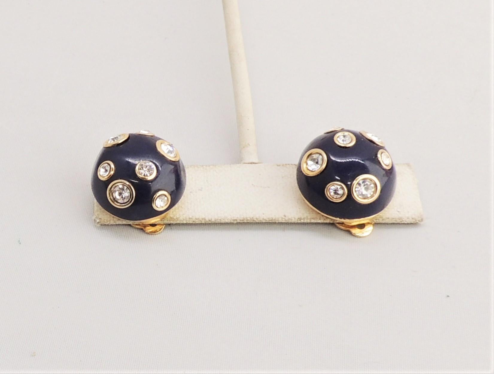 Vintage 1980s Signed Valentino Round Domed Navy Enamel Rhinestone Clip Earrings For Sale 1
