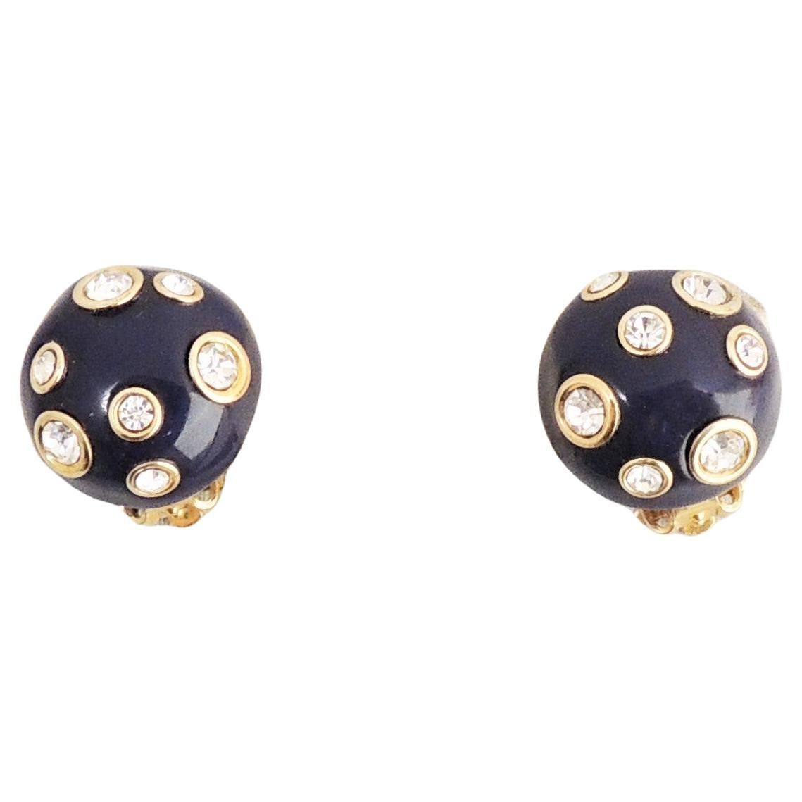 Vintage 1980s Signed Valentino Round Domed Navy Enamel Rhinestone Clip Earrings For Sale