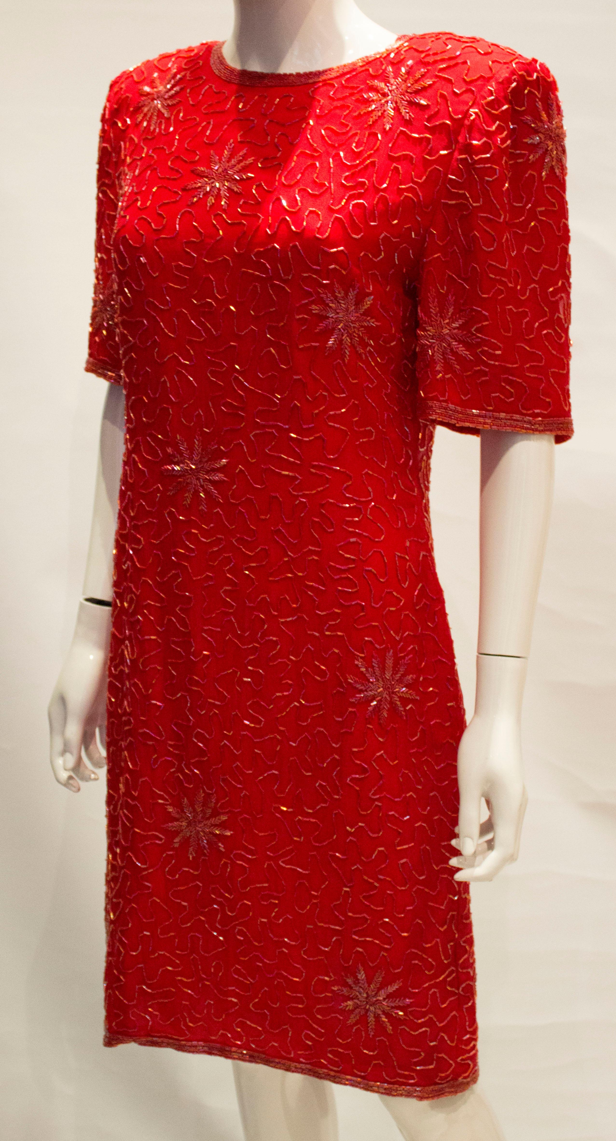 Red Vintage 1980s Silk Beaded Dress For Sale