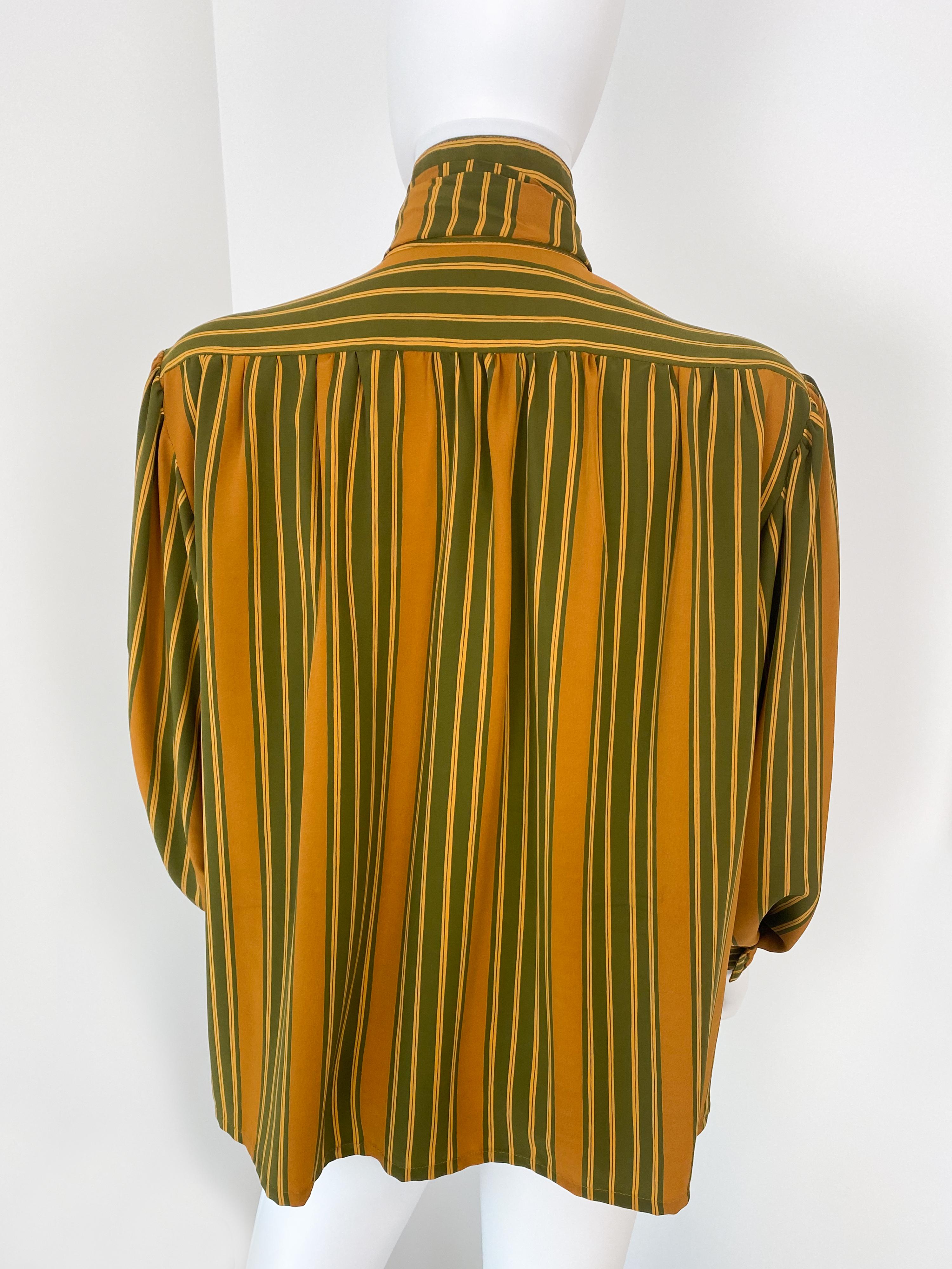 Vintage 1980s Silky Polyester Blouse Top Green and Saffran Stripes Size 10/12 For Sale 6