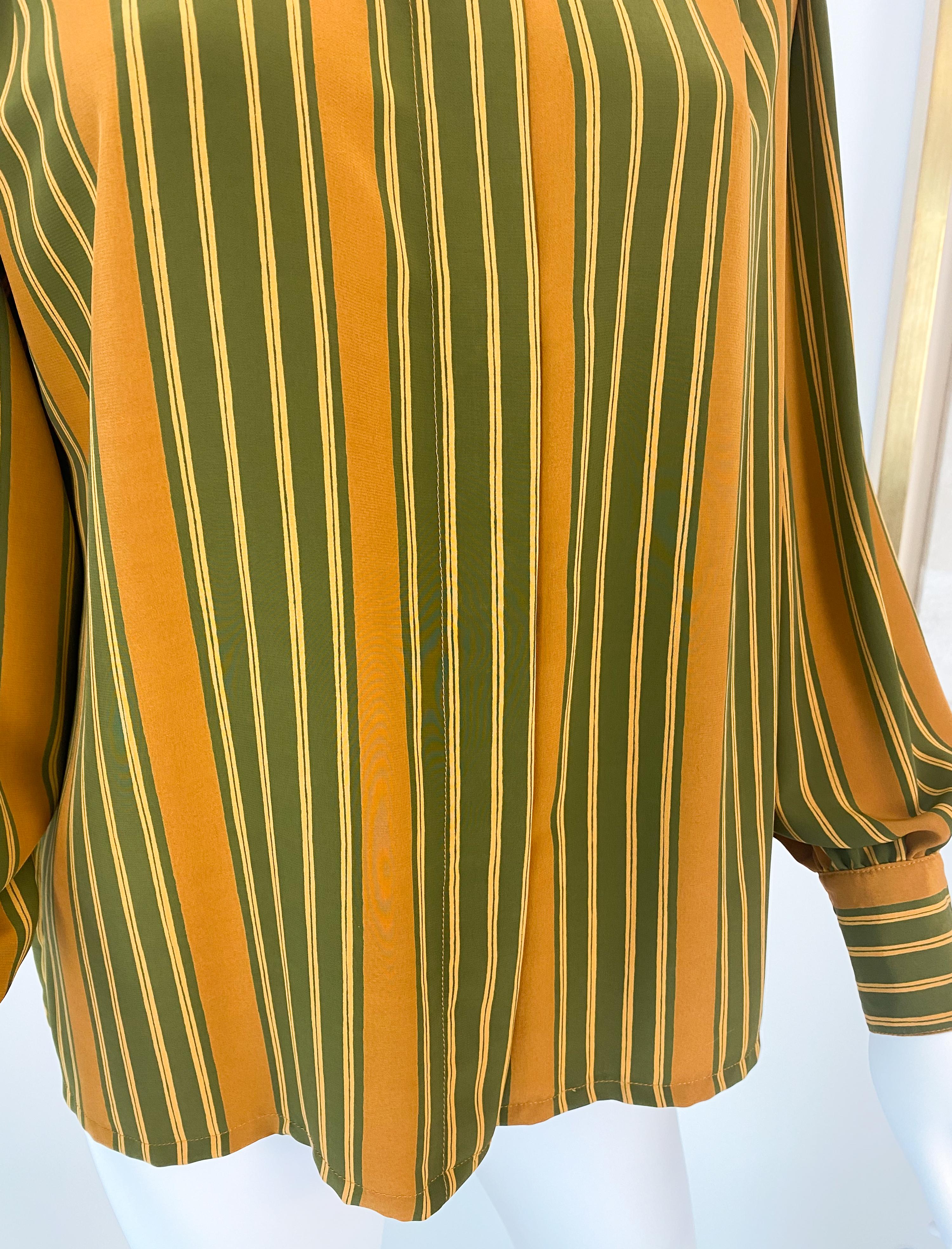 Vintage 1980s Silky Polyester Blouse Top Green and Saffran Stripes Size 10/12 For Sale 8