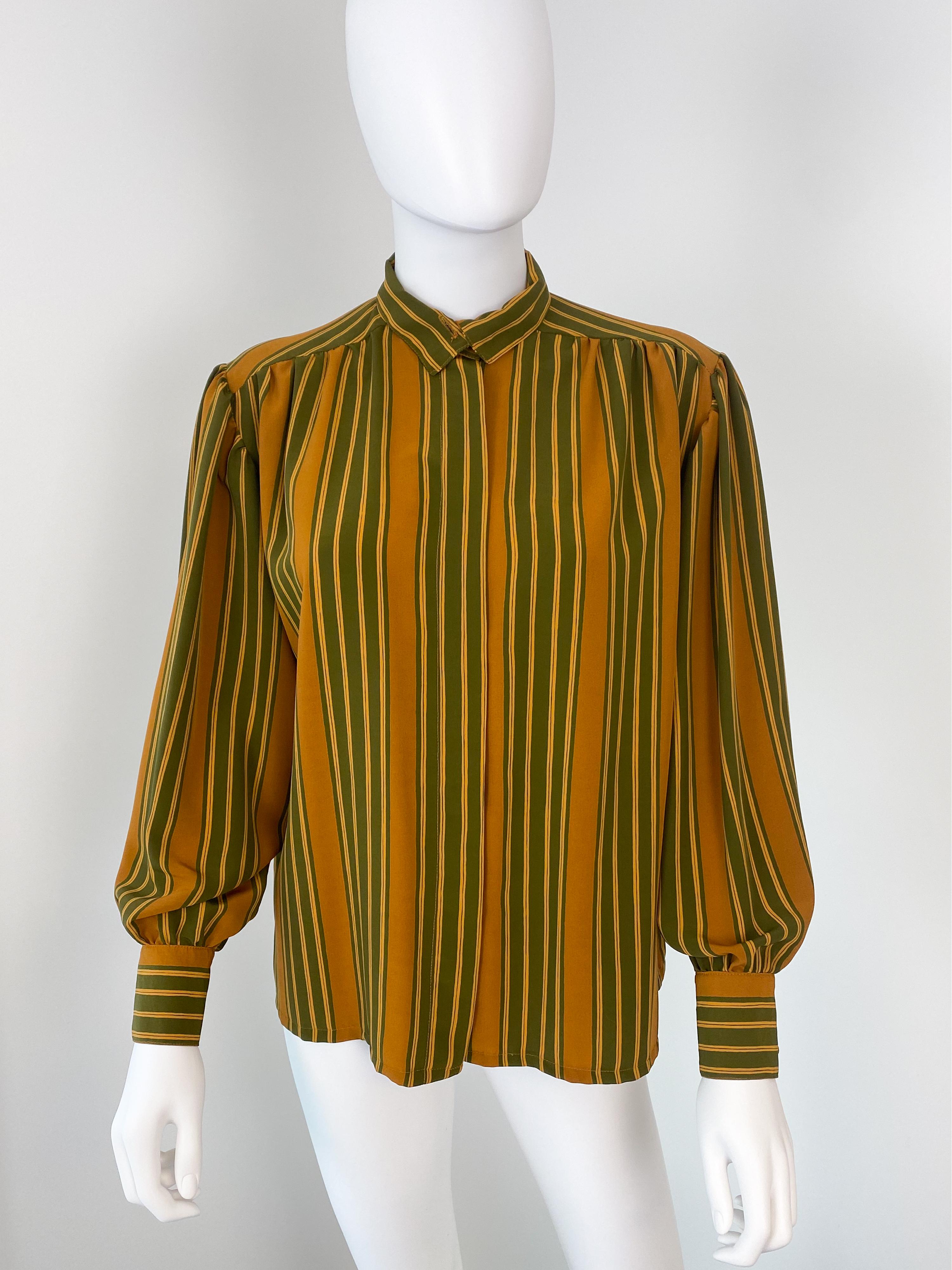 Women's Vintage 1980s Silky Polyester Blouse Top Green and Saffran Stripes Size 10/12 For Sale