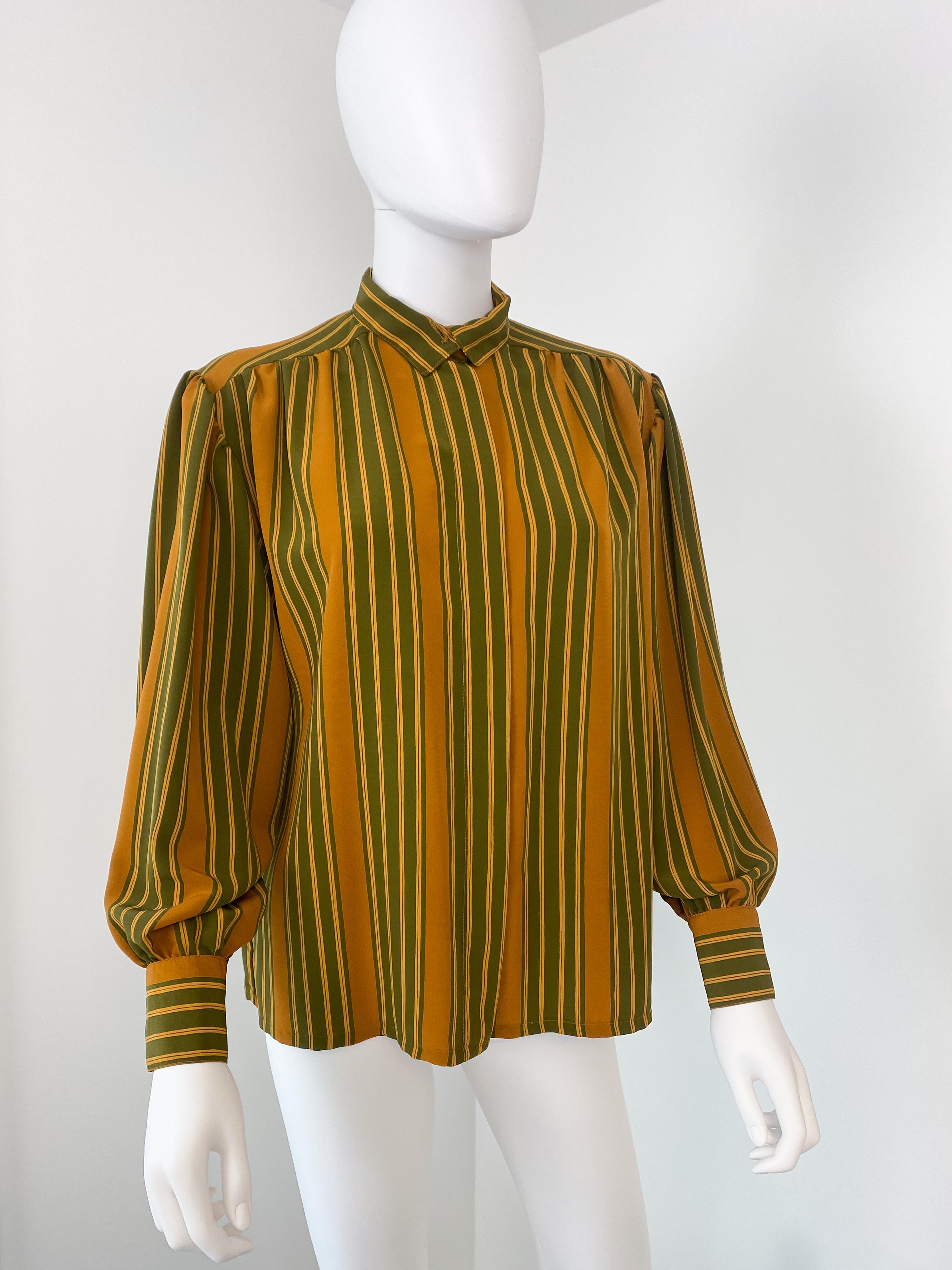 Vintage 1980s Silky Polyester Blouse Top Green and Saffran Stripes Size 10/12 For Sale 1