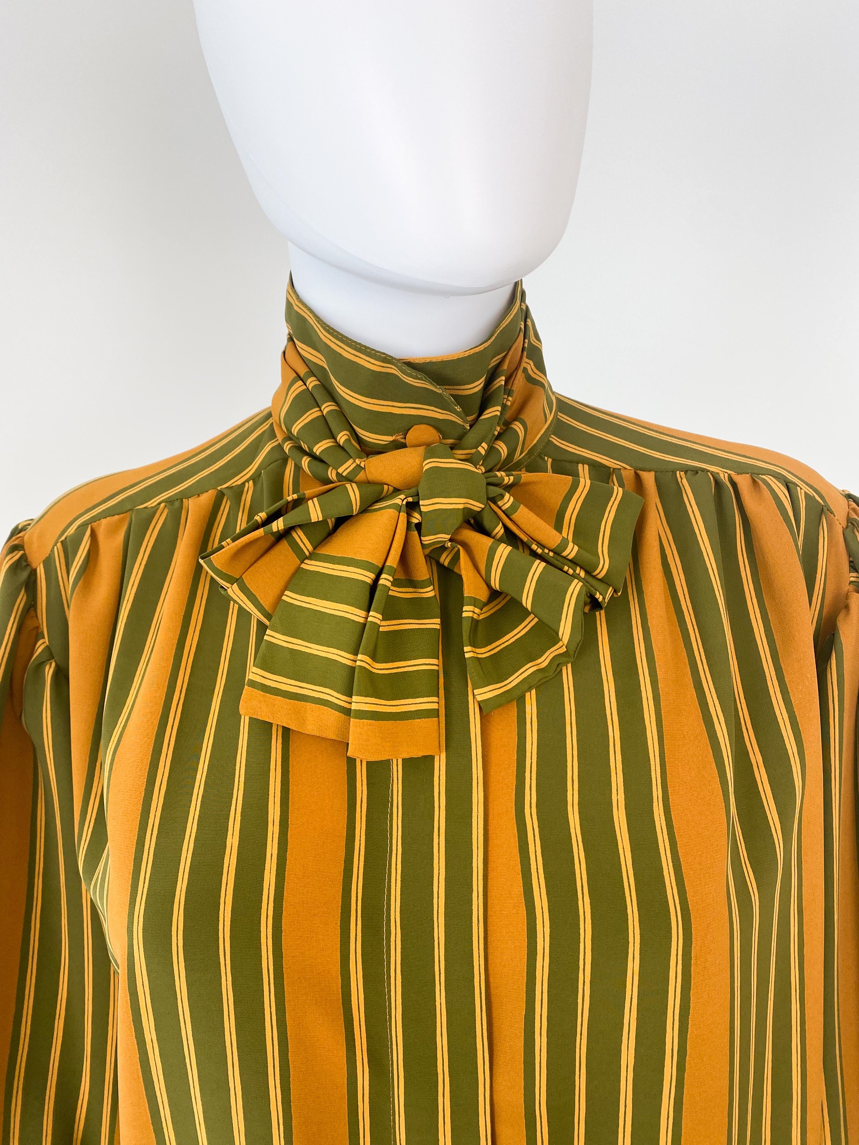 Vintage 1980s Silky Polyester Blouse Top Green and Saffran Stripes Size 10/12 For Sale 2