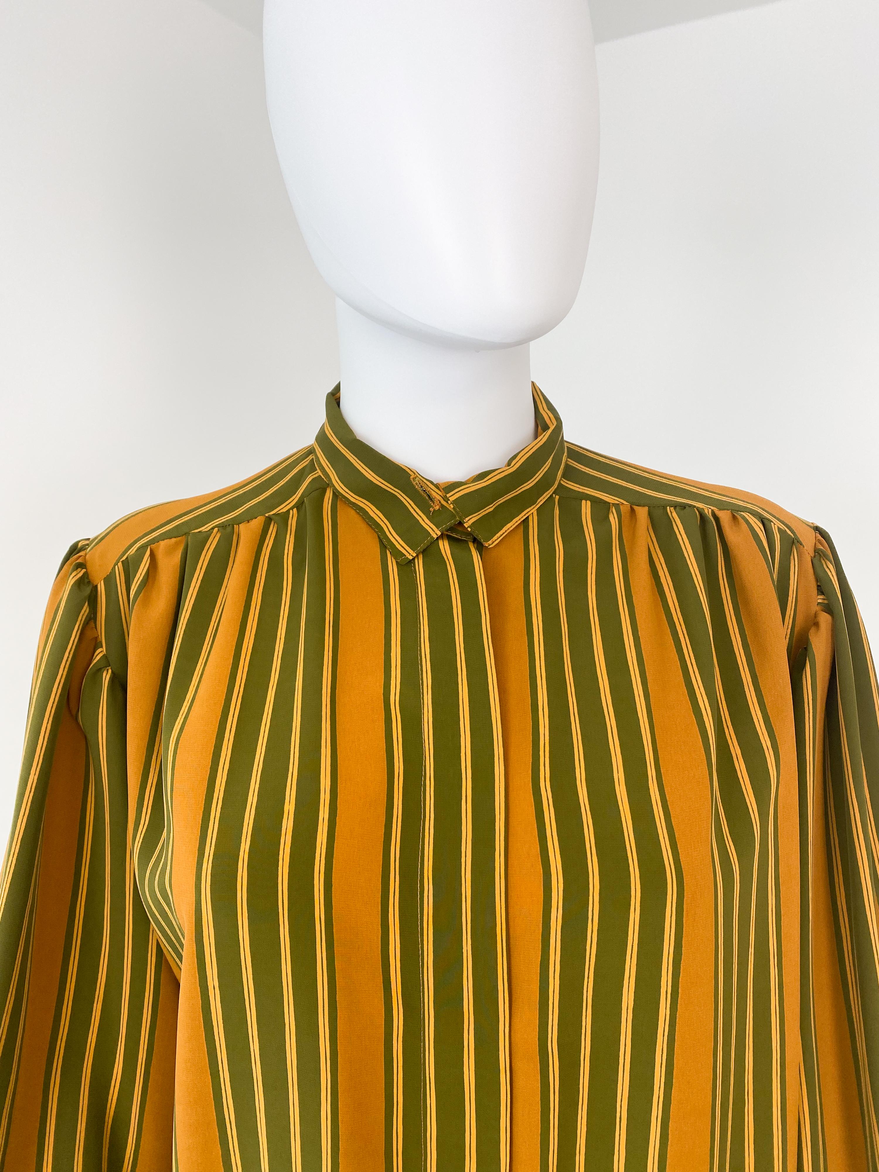 Vintage 1980s Silky Polyester Blouse Top Green and Saffran Stripes Size 10/12 For Sale 3