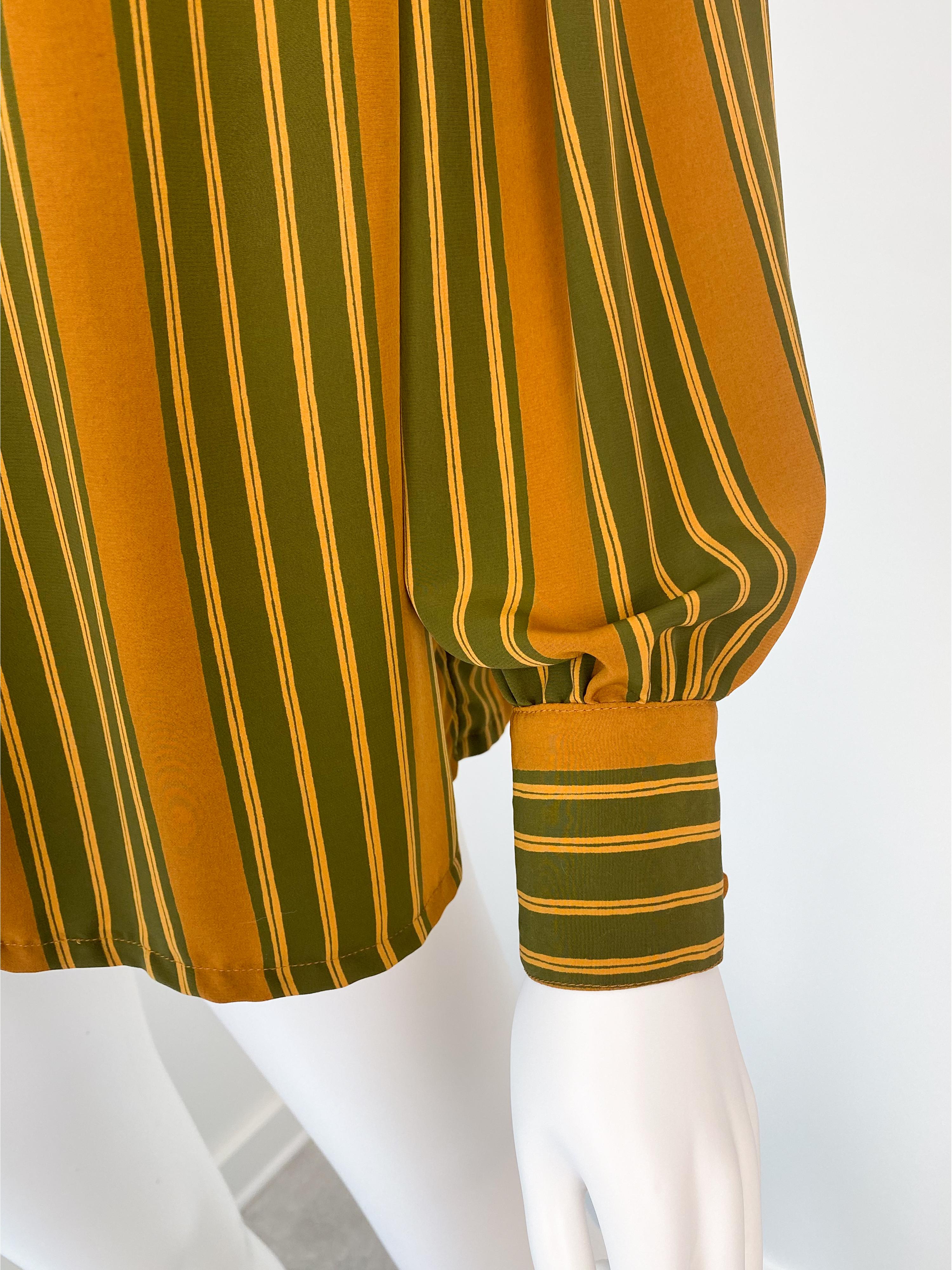 Vintage 1980s Silky Polyester Blouse Top Green and Saffran Stripes Size 10/12 For Sale 4