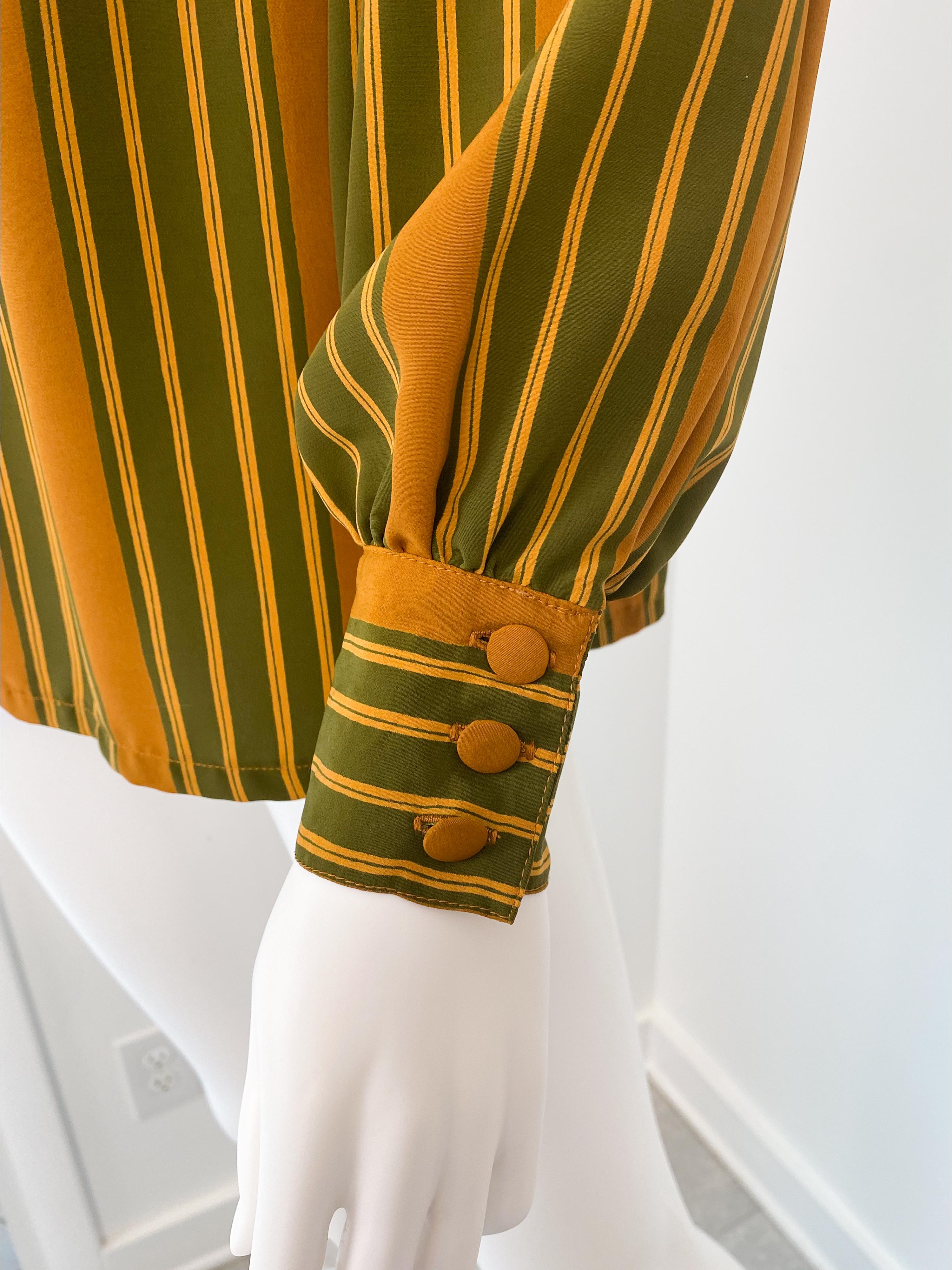 Vintage 1980s Silky Polyester Blouse Top Green and Saffran Stripes Size 10/12 For Sale 5