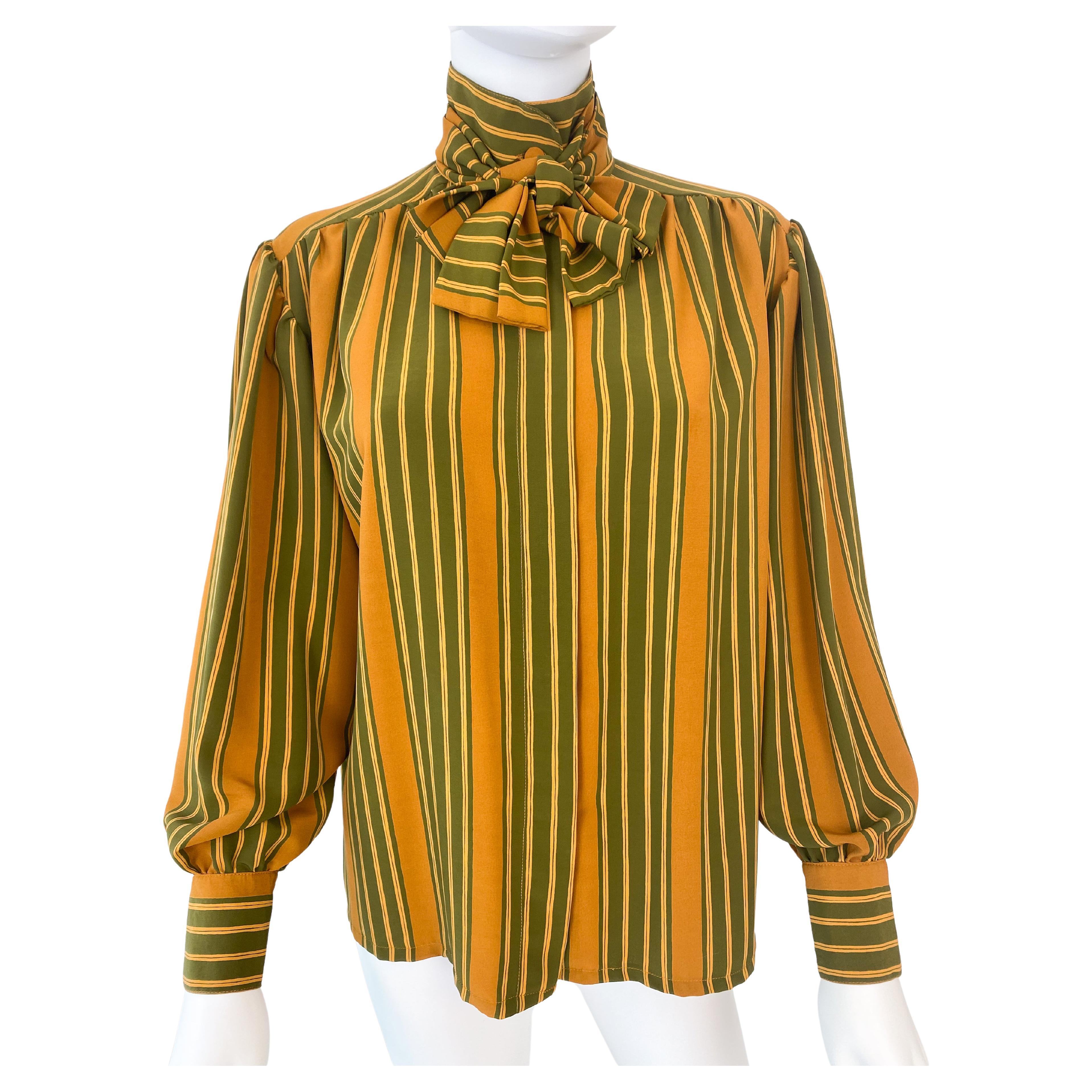 Vintage 1980s Silky Polyester Blouse Top Green and Saffran Stripes Size 10/12 For Sale
