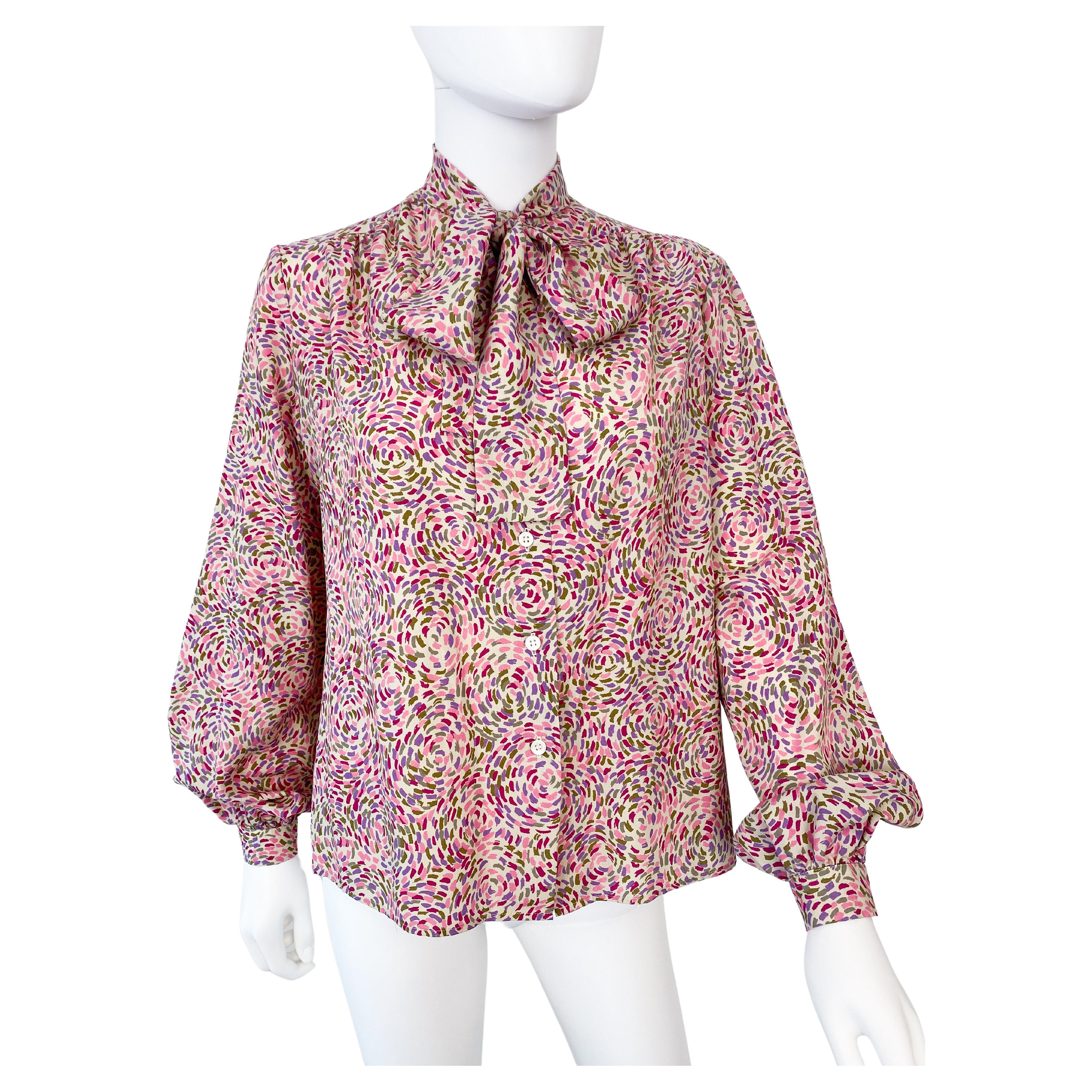 Vintage 1980s Silky Polyester Blouse Top Pink Pointillism Print Size 8 For Sale