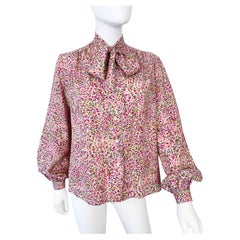 Retro 1980s Silky Polyester Blouse Top Pink Pointillism Print Size 8