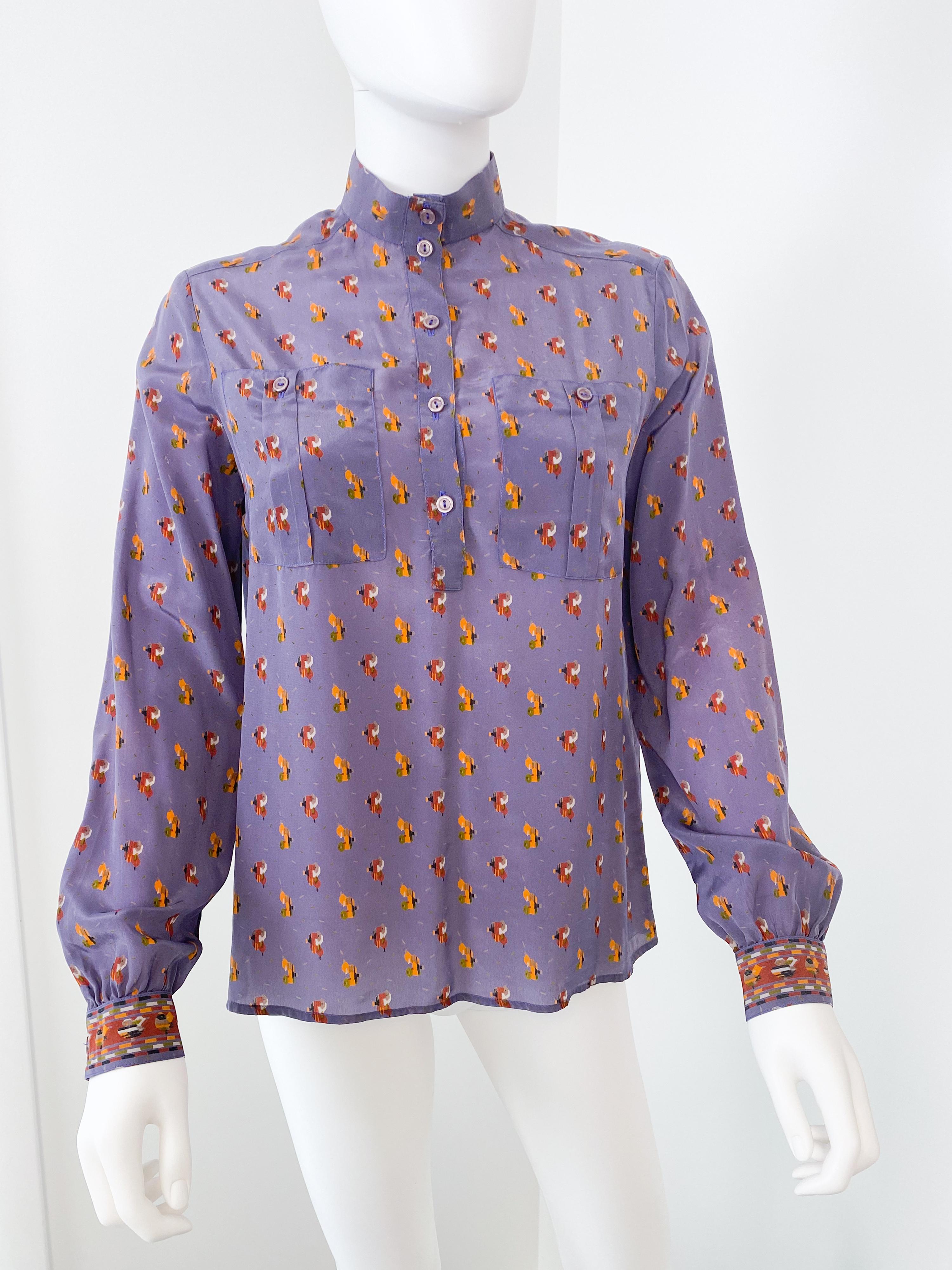 Women's Vintage 1980s Silky Polyester Blouse Top Purple with Print Decor Size 6 For Sale
