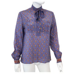 Vintage 1980er Jahre Seide Polyester Bluse Top Lila mit Druck Decor Größe 6