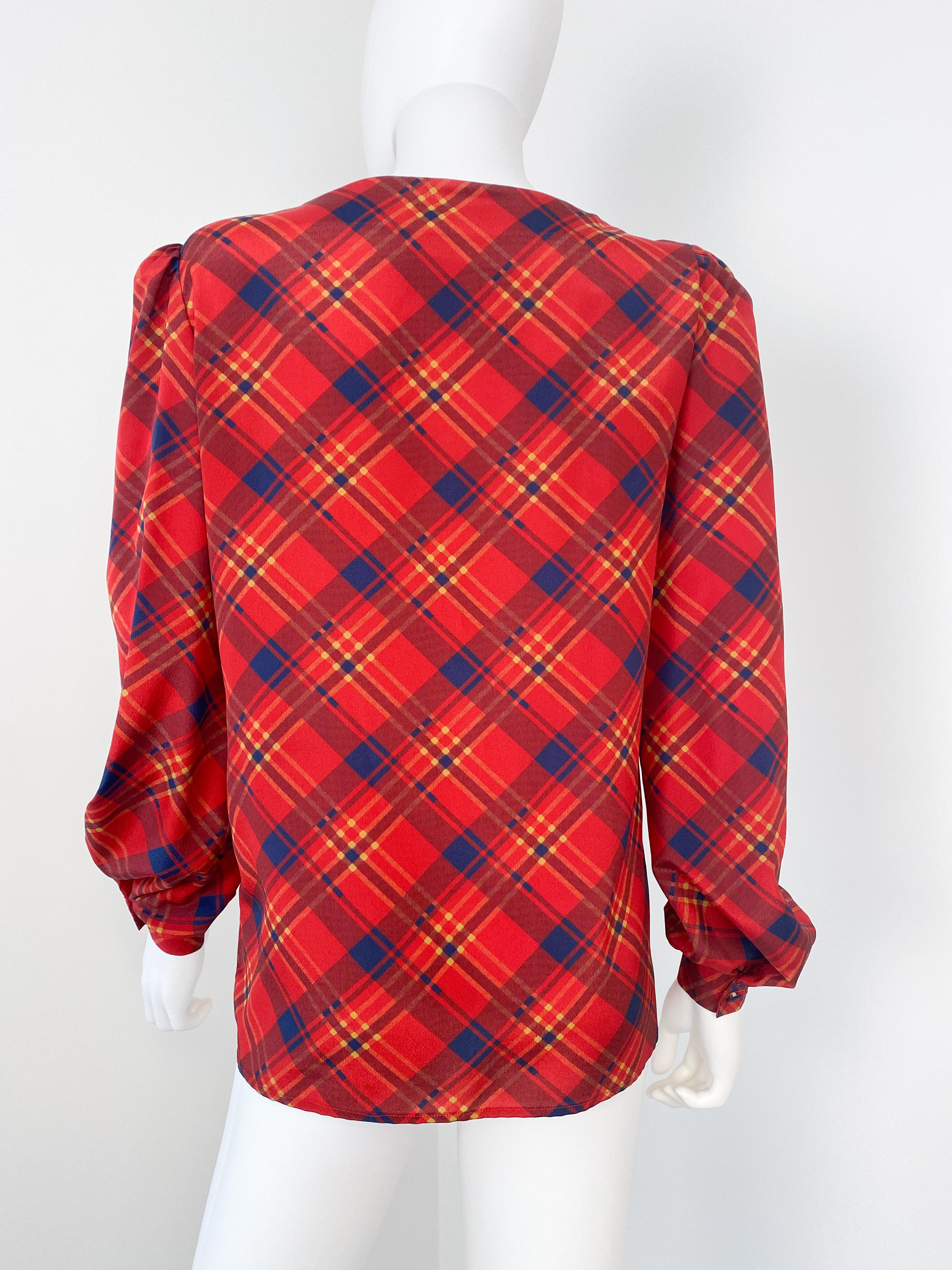 Vintage 1980s Silky Polyester Blouse Top Red and Blue Tartan Size 6/8 For Sale 8