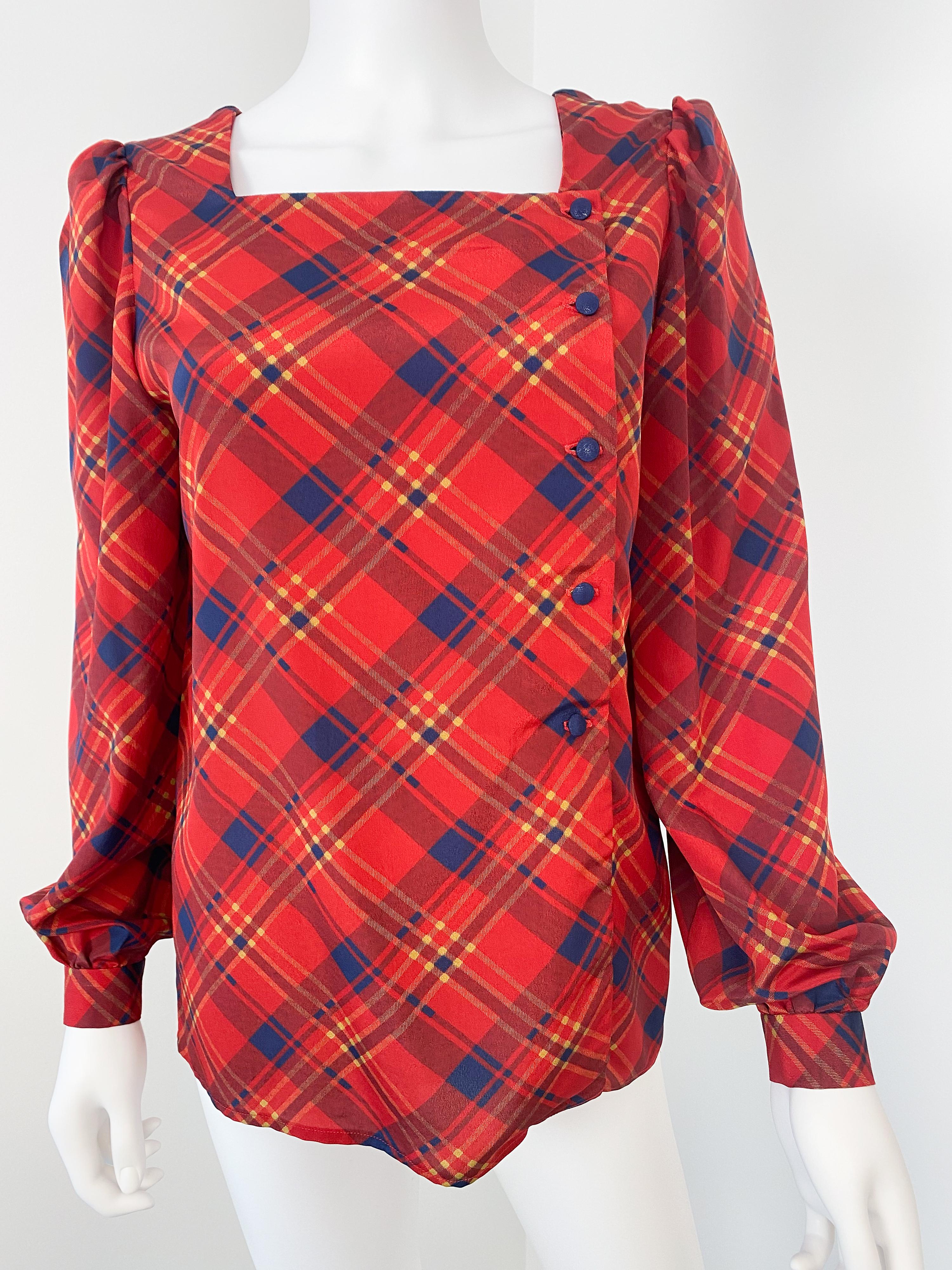 Vintage 1980s Silky Polyester Blouse Top Red and Blue Tartan Size 6/8 For Sale 9