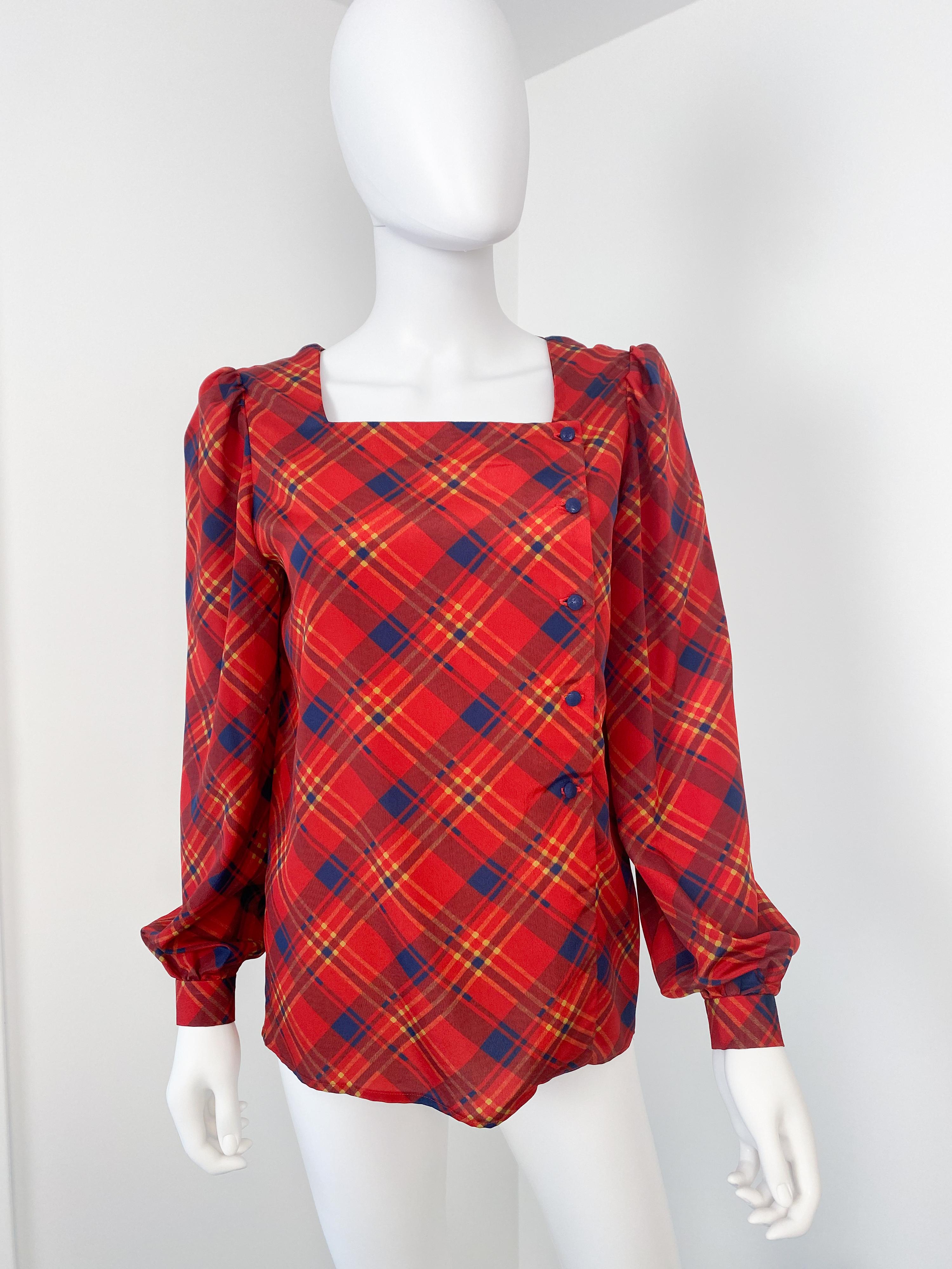 Women's or Men's Vintage 1980s Silky Polyester Blouse Top Red and Blue Tartan Size 6/8 For Sale