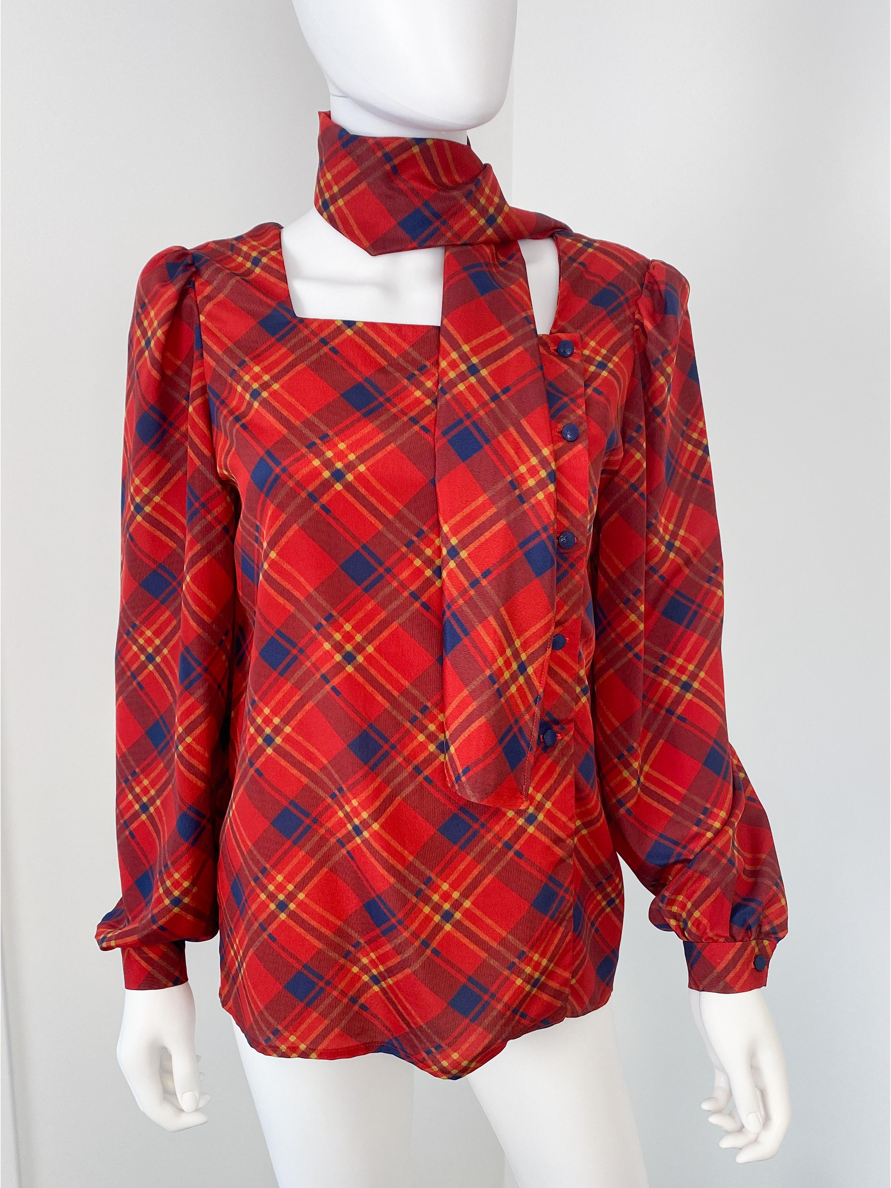 Vintage 1980s Silky Polyester Blouse Top Red and Blue Tartan Size 6/8 For Sale 2