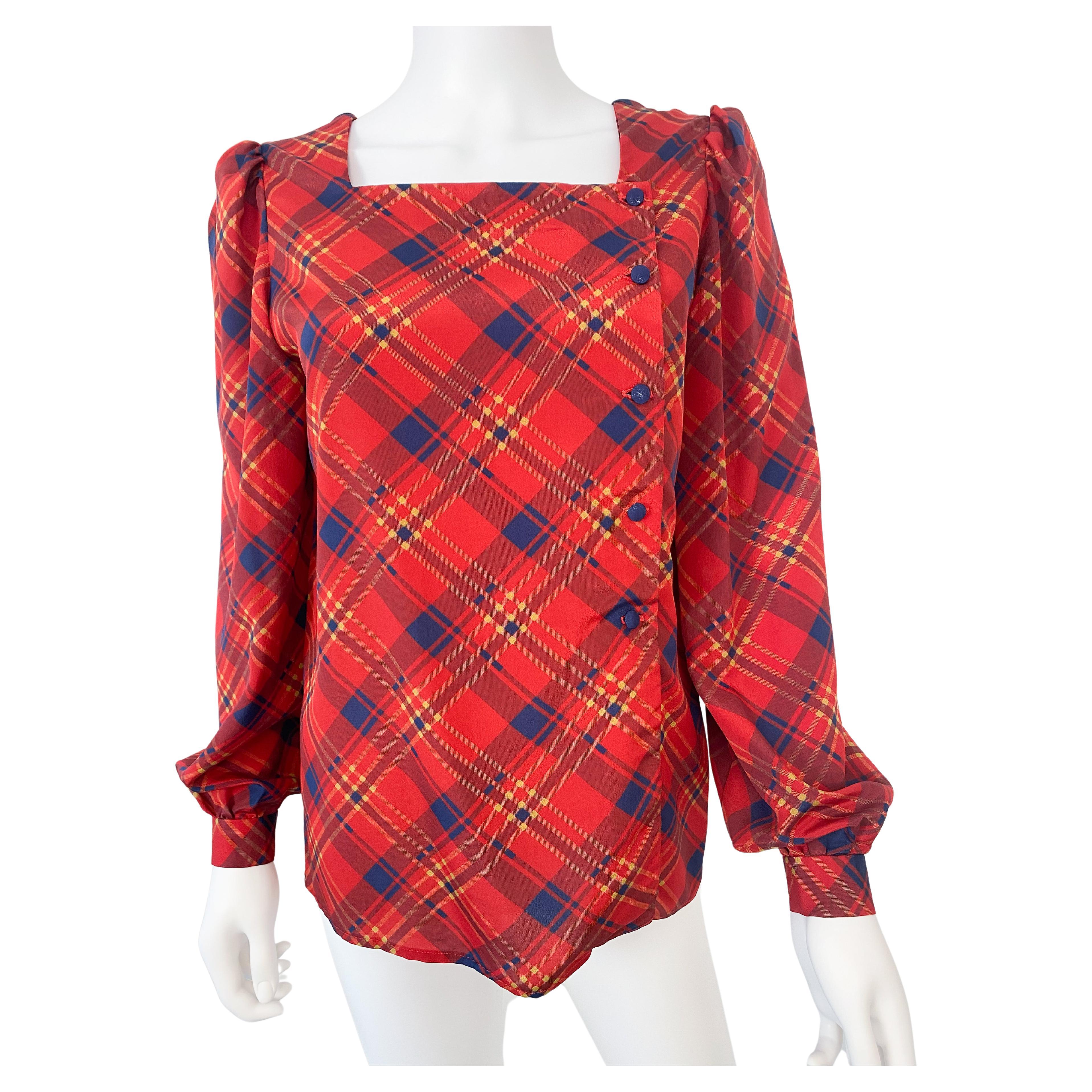 Vintage 1980s Silky Polyester Blouse Top Red and Blue Tartan Size 6/8 For Sale