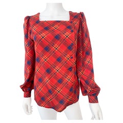 Vintage 1980s Silky Polyester Blouse Top Red and Blue Tartan Size 6/8