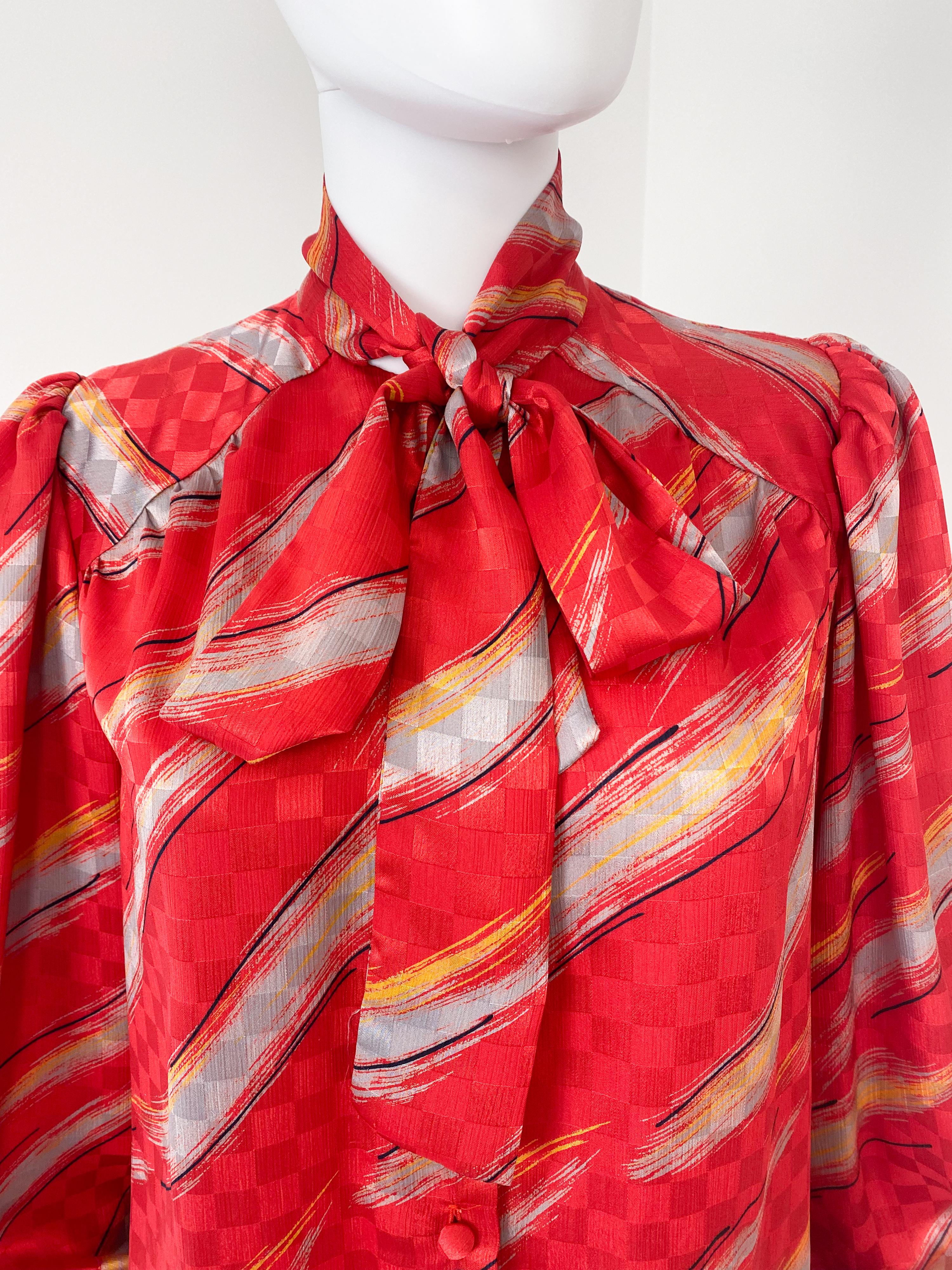 Women's Vintage 1980s Silky Polyester Blouse Top Red and Gray Slashes Size 10/12 For Sale