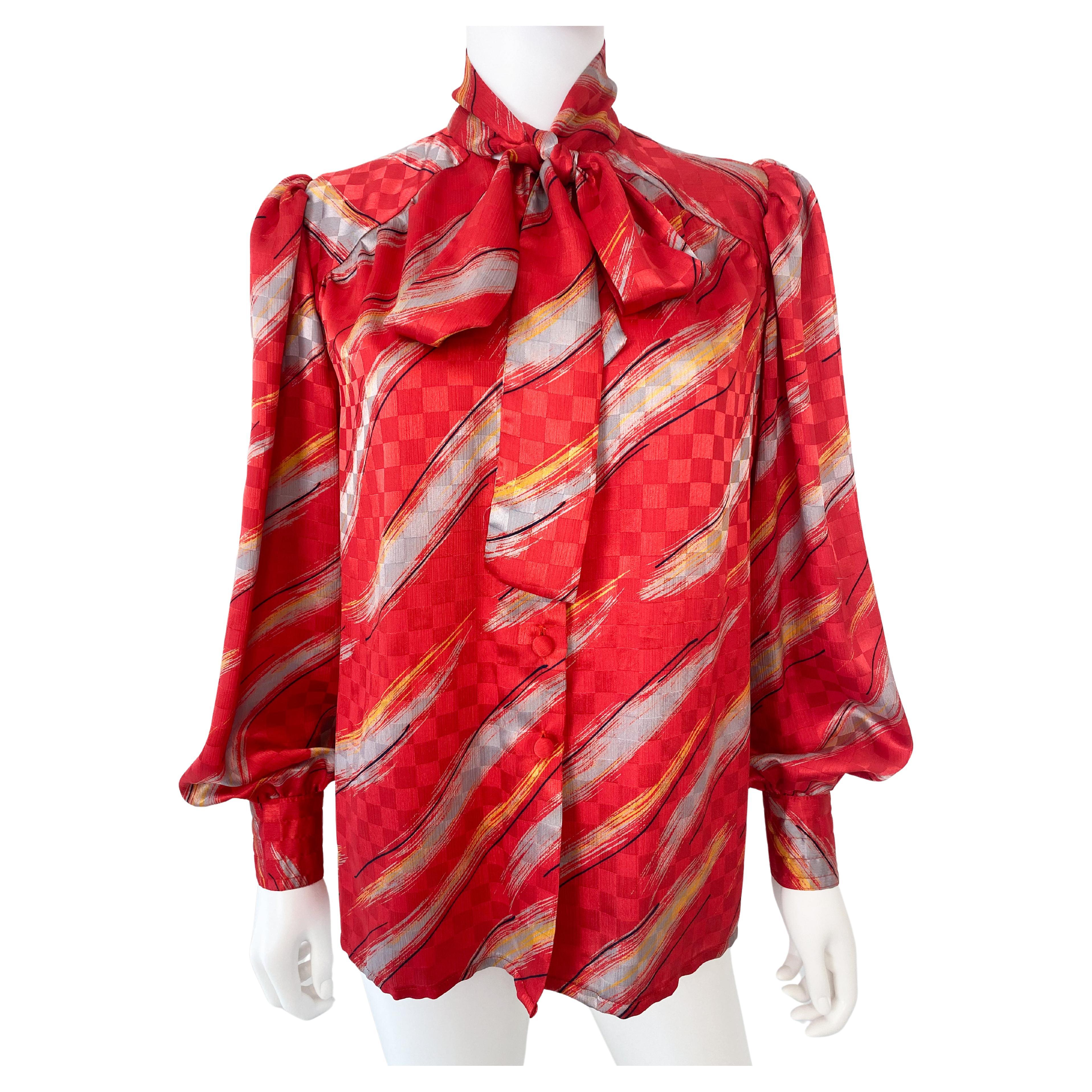 Vintage 1980s Silky Polyester Blouse Top Red and Gray Slashes Size 10/12 For Sale