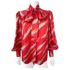 Vintage 1980er Jahre Seide Polyester Bluse Top Rot und Grau Schiefer Größe 10/12