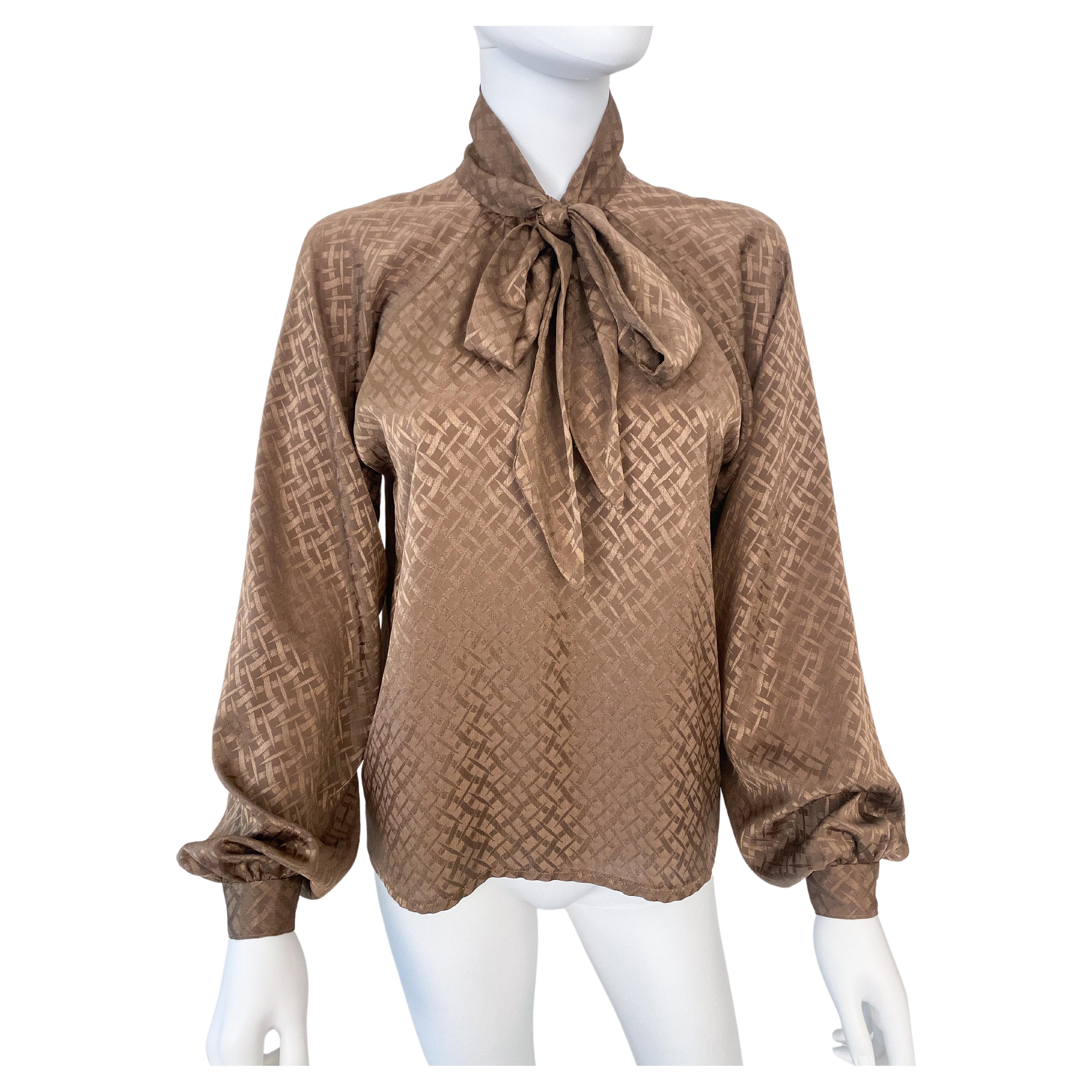Vintage 1980s Silky Polyester Bow Blouse Top Brown Geometric Print Size 6/8 For Sale