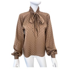 Vintage 1980s Silky Polyester Bow Blouse Top Brown Geometric Print Size 6/8