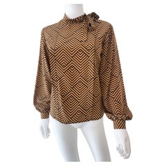 1980s Silky Polyester Bow Blouse Top ZigZag Orange, Size 6/8