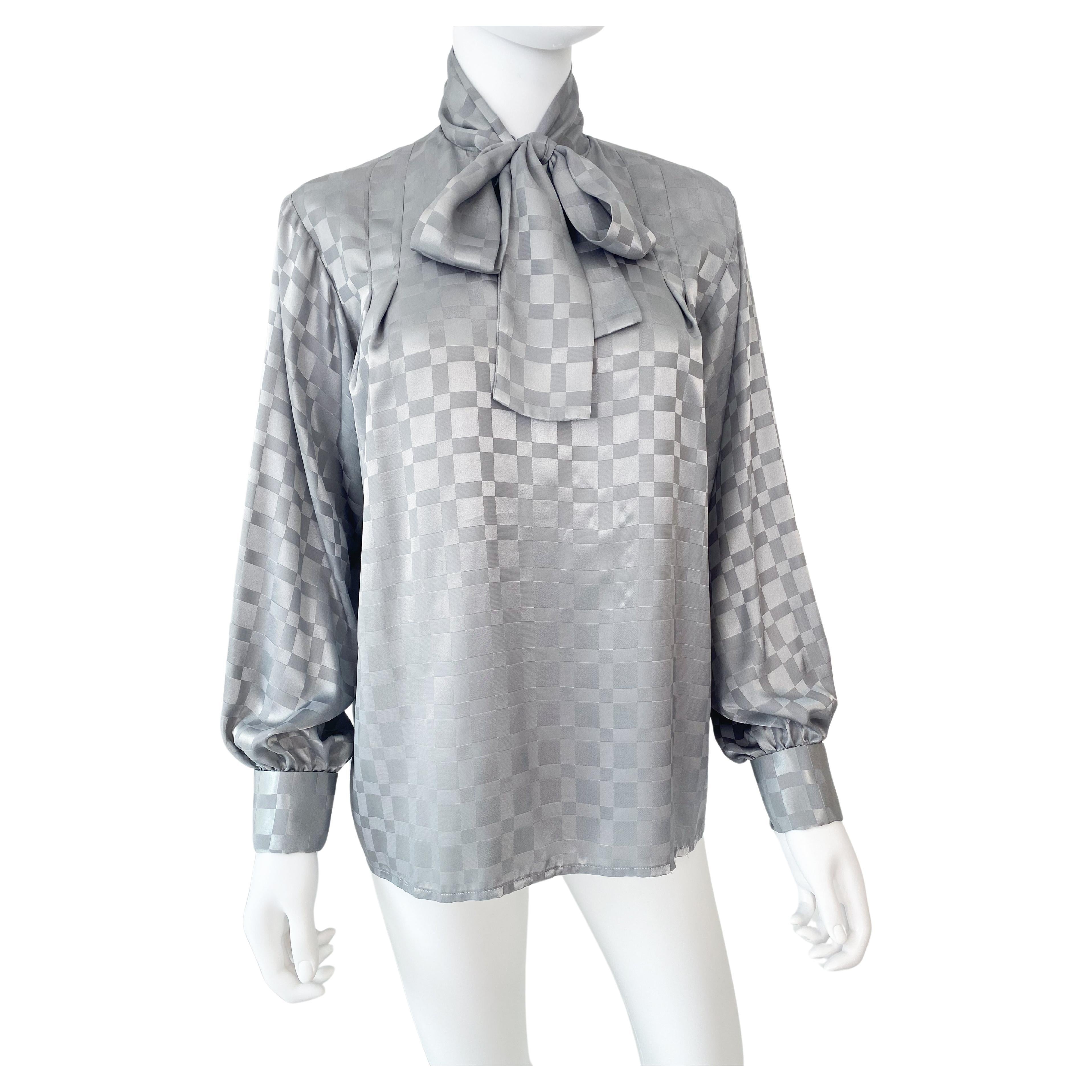 Vintage 1980s Silky Polyester Bow Blouse Top Gray Geometric Print Size 10/12