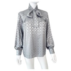 Retro 1980s Silky Polyester Bow Blouse Top Gray Geometric Print Size 10/12