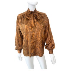 Silky Polyester Pussy Bow Blouse Top in Saffron and Black, Size 12/14, c1980s