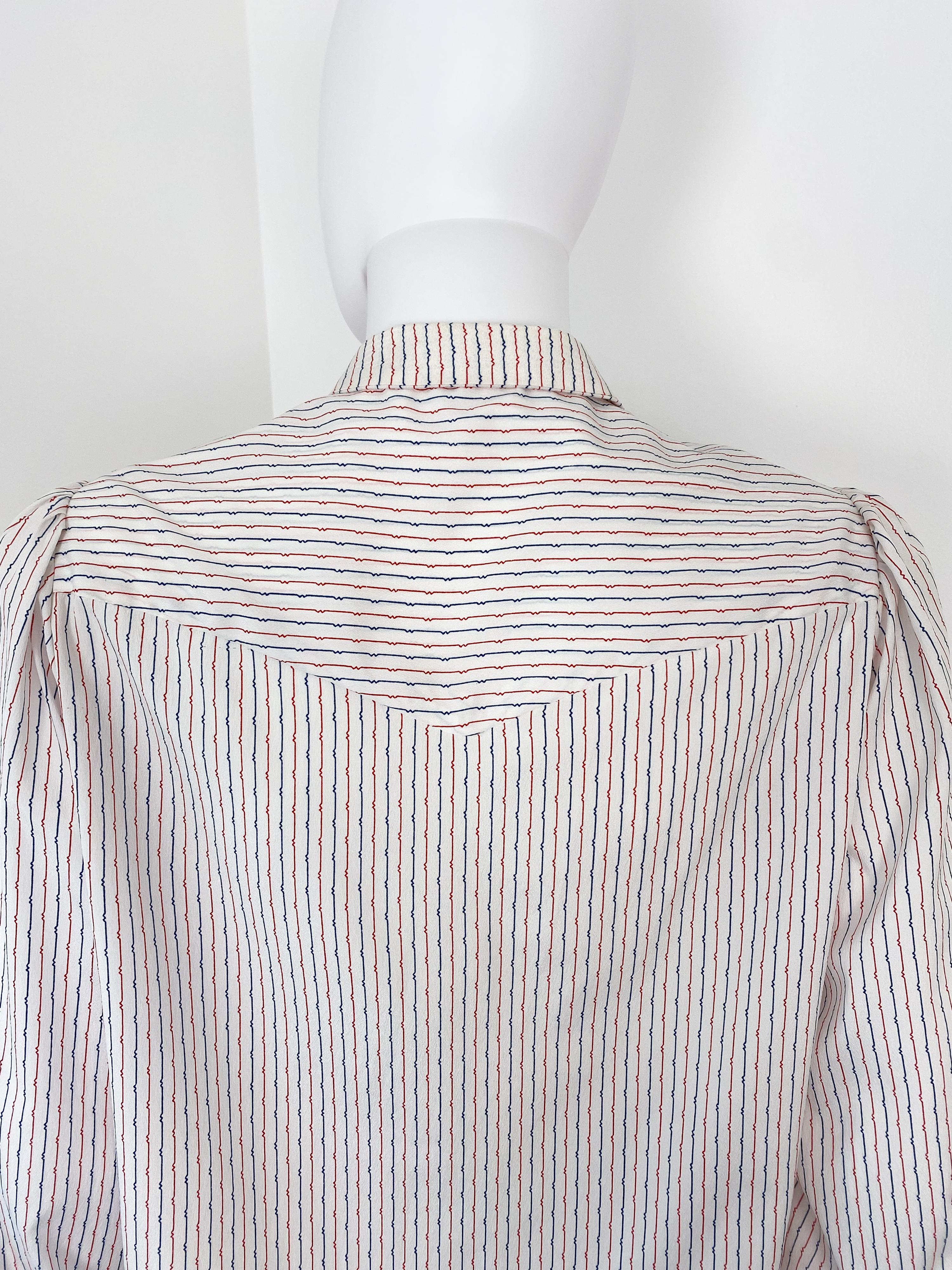 Vintage 1980s Silky Polyester Western Blouse Top Red and Blue Stripes Size 10/12 For Sale 6