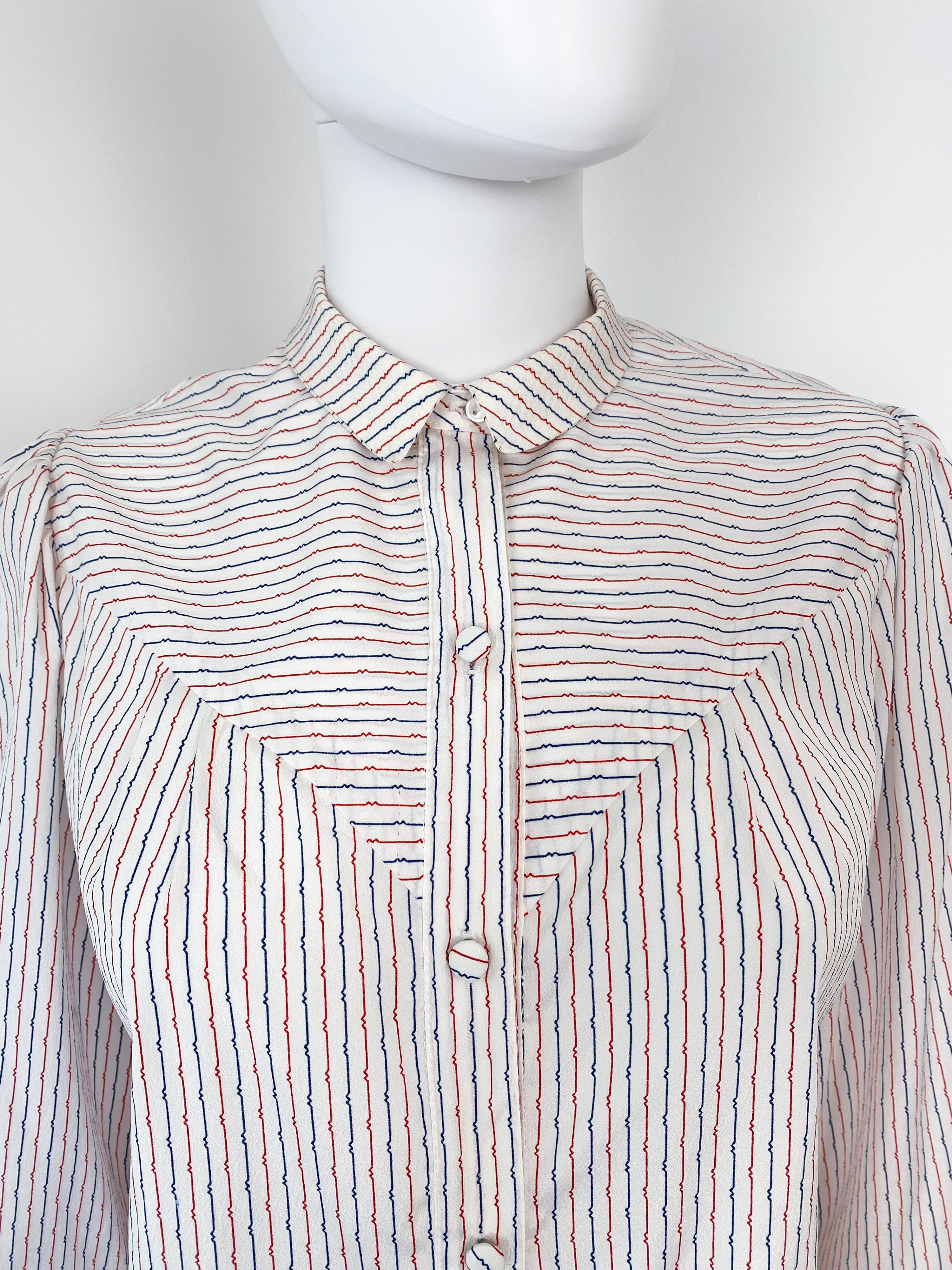 Women's or Men's Vintage 1980s Silky Polyester Western Blouse Top Red and Blue Stripes Size 10/12 For Sale