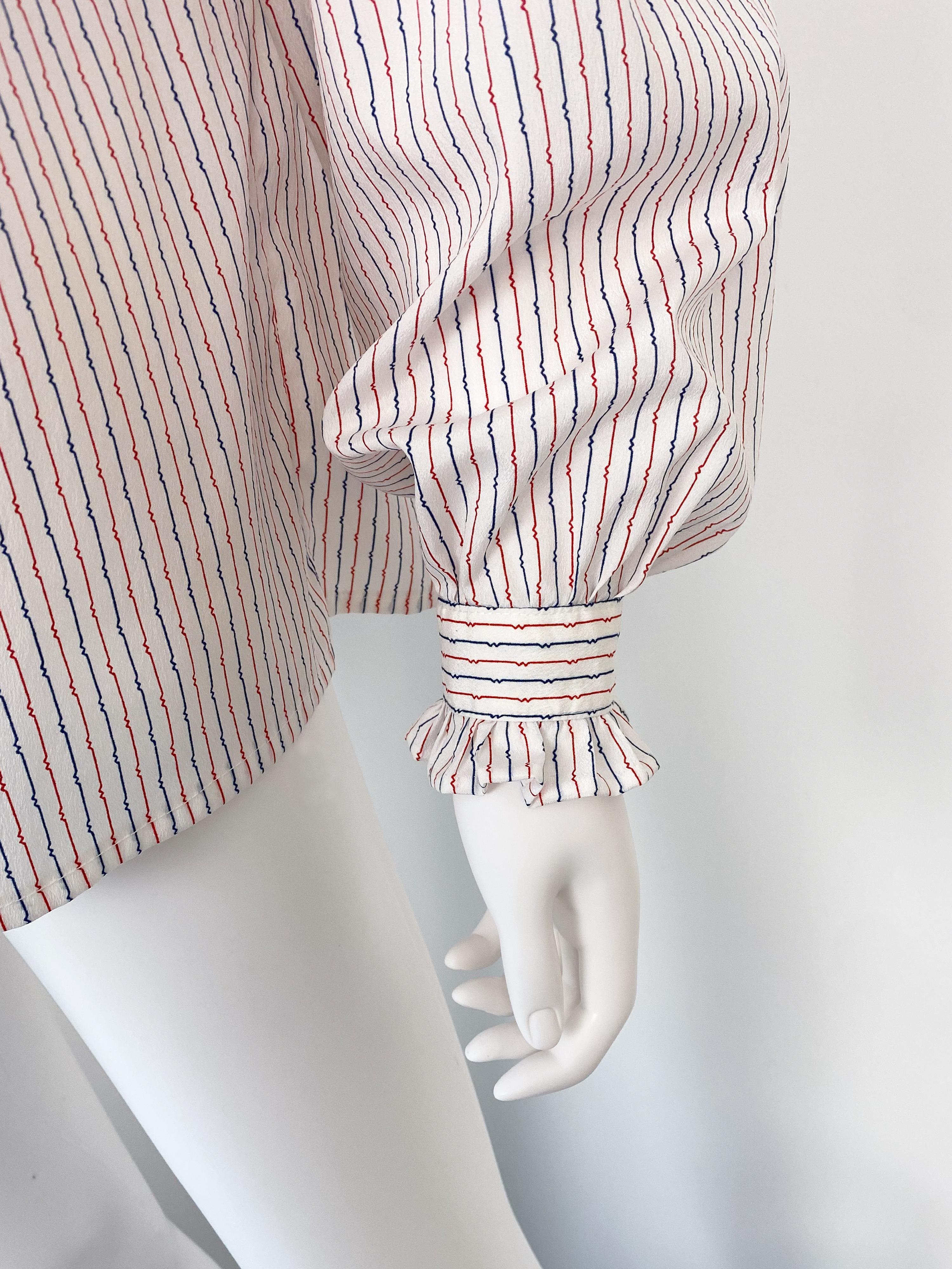 Vintage 1980s Silky Polyester Western Blouse Top Red and Blue Stripes Size 10/12 For Sale 1