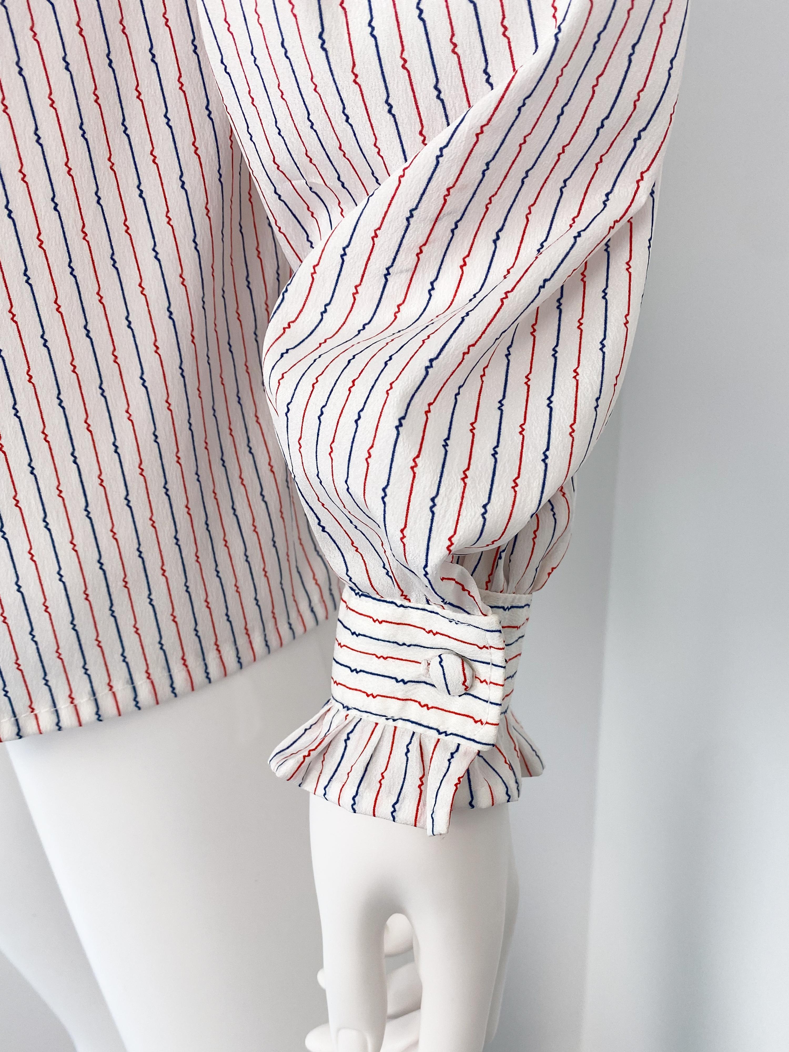 Vintage 1980s Silky Polyester Western Blouse Top Red and Blue Stripes Size 10/12 For Sale 2