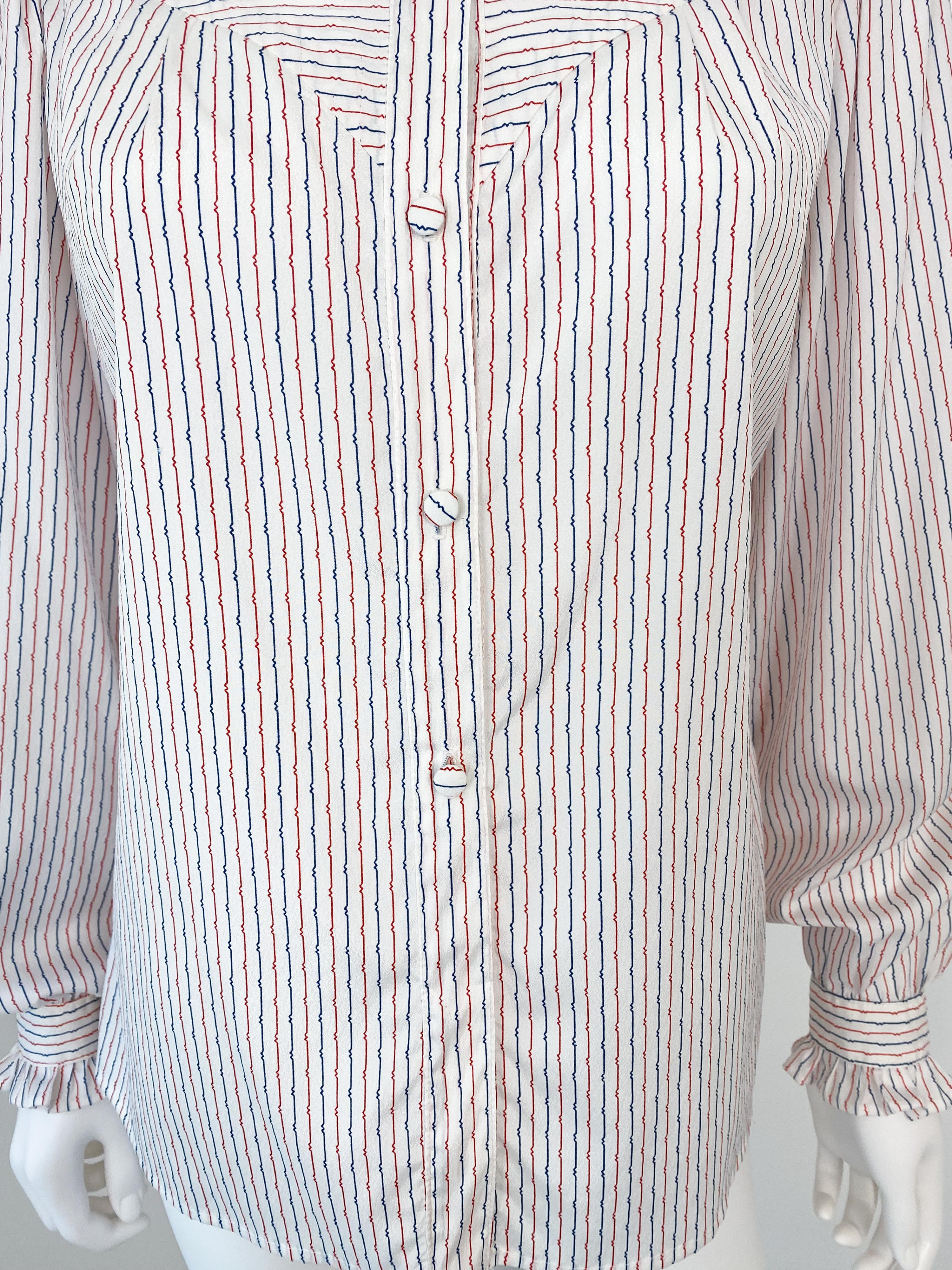 Vintage 1980s Silky Polyester Western Blouse Top Red and Blue Stripes Size 10/12 For Sale 3