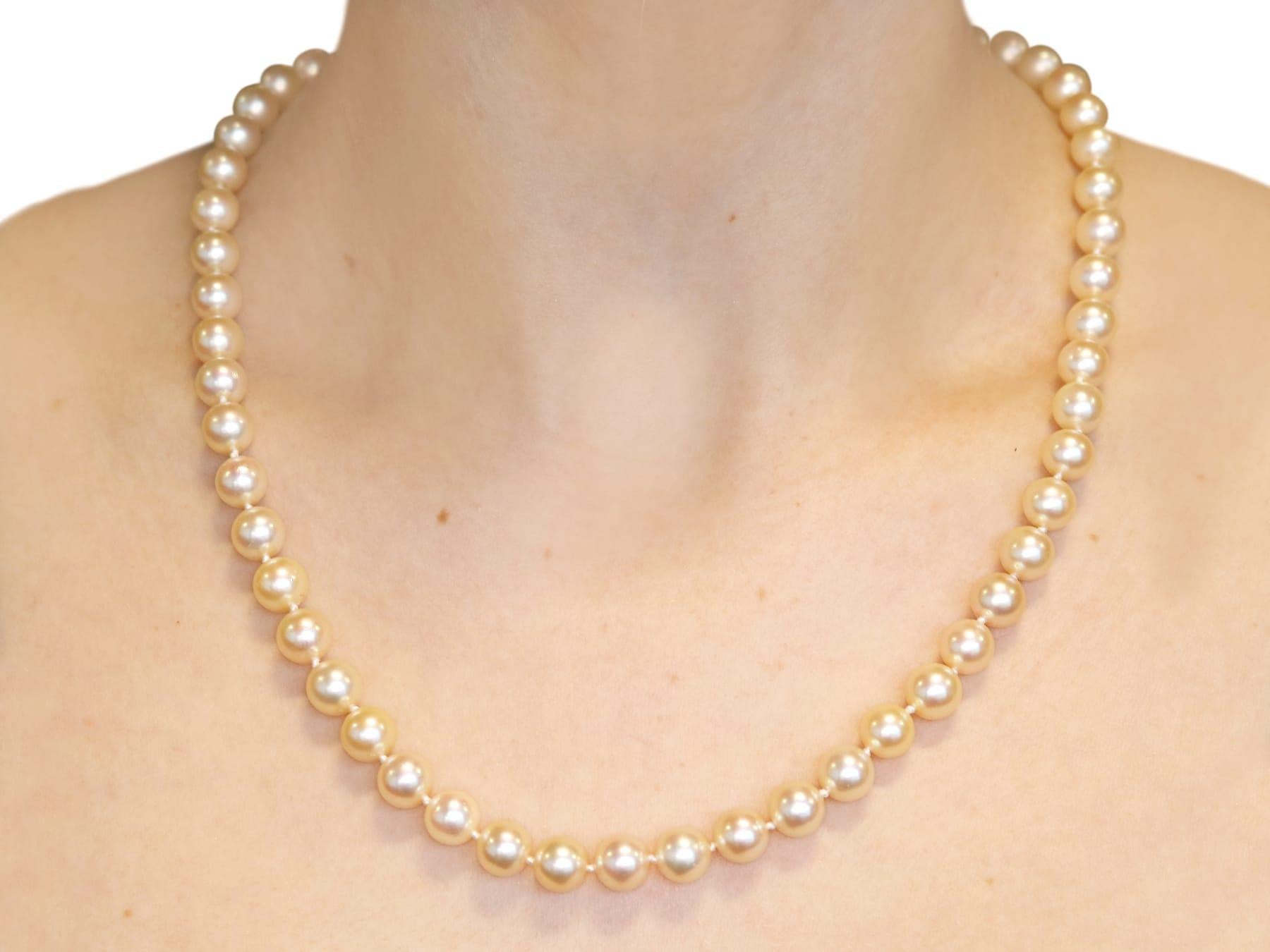 Vintage 1980s Single Strand Cultured Pearl Necklace Yellow Gold Clasp en vente 2