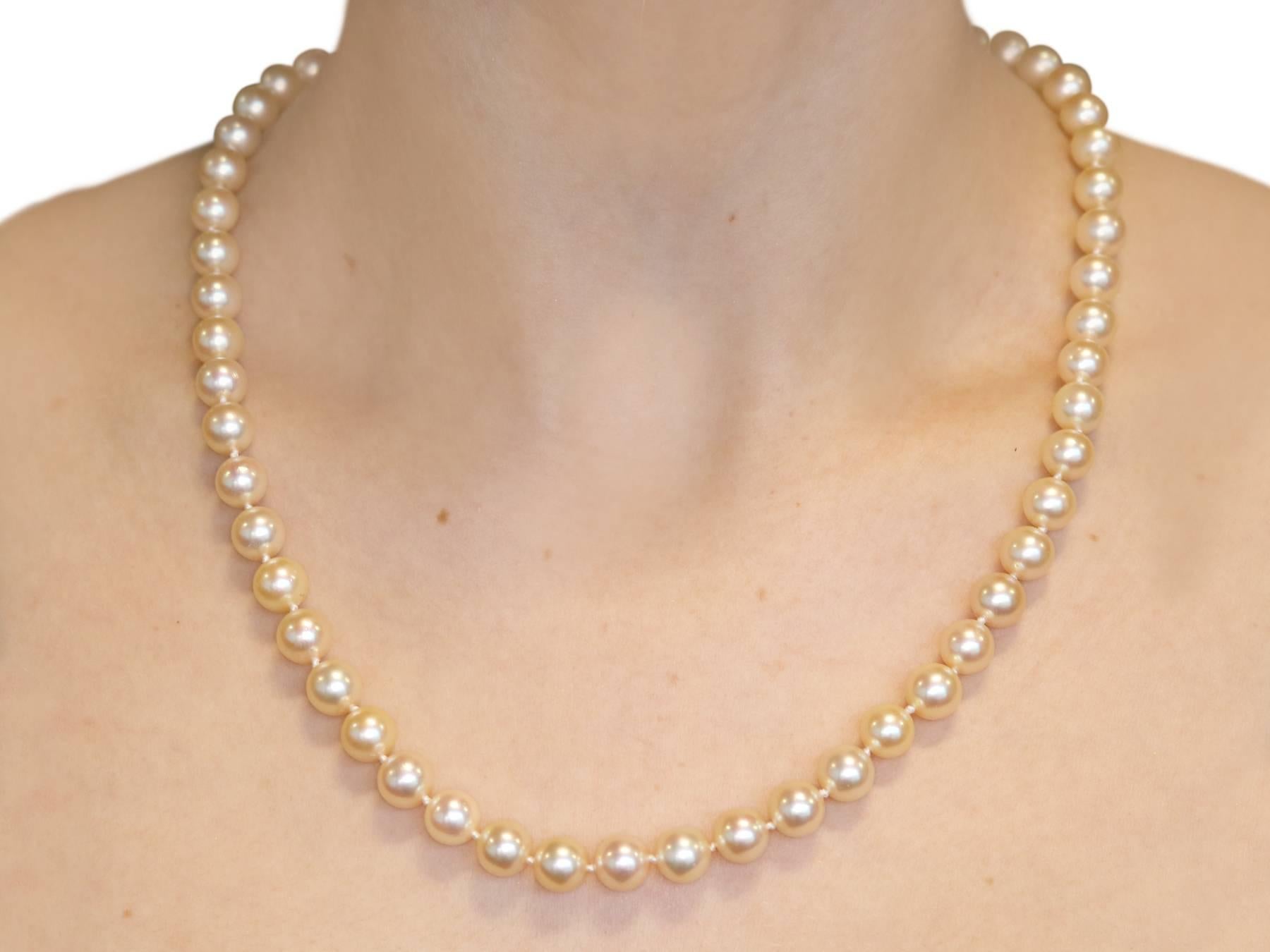 Vintage 1980s Single Strand Cultured Pearl Necklace Yellow Gold Clasp For Sale 2
