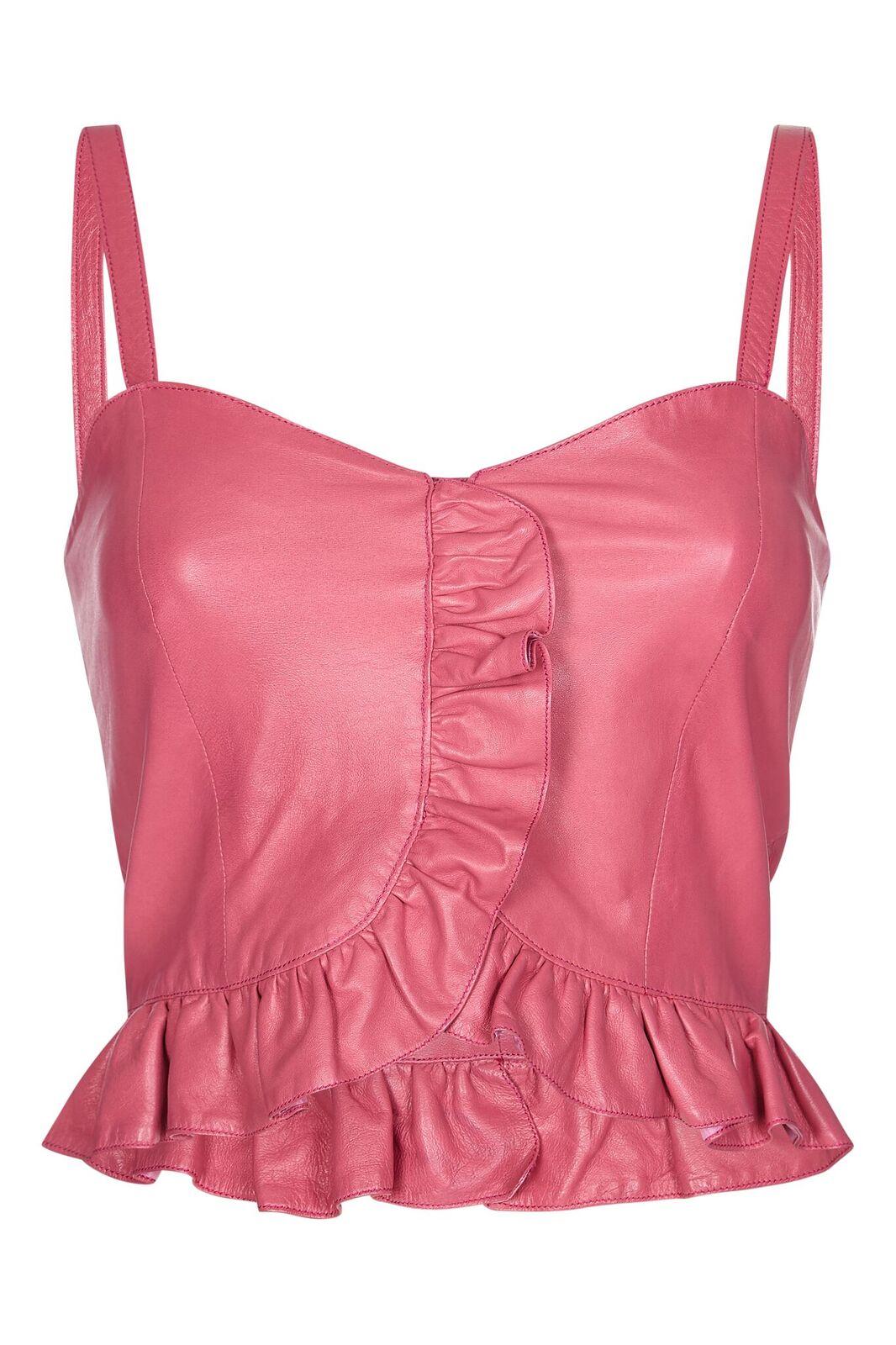 Vintage 1980s Soft Pink Leather 3 Piece Set With Ruffled Bralet Damen